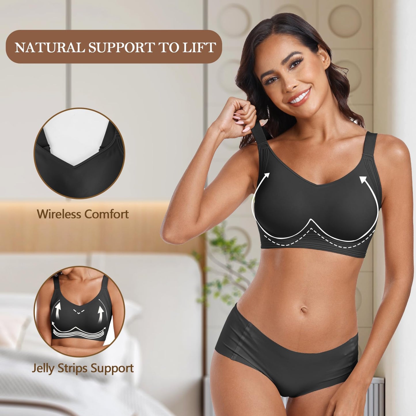 OEAK Womens Seamless Push Up Bras No Underwire Full Coverage Comfortable Bra V Neck Bralettes Wireless Everyday Bra Black,2XL