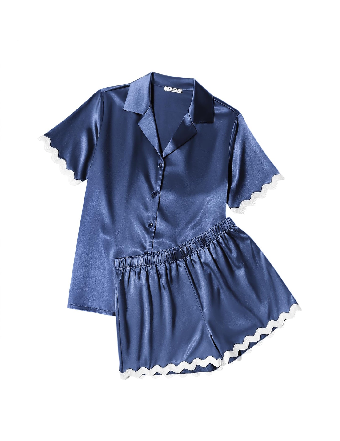 Ekouaer Womens Satin Pajamas Set Button Down 2 Piece Silky Pjs Shorts Set Notch Collar Sleepwear Navy Blue