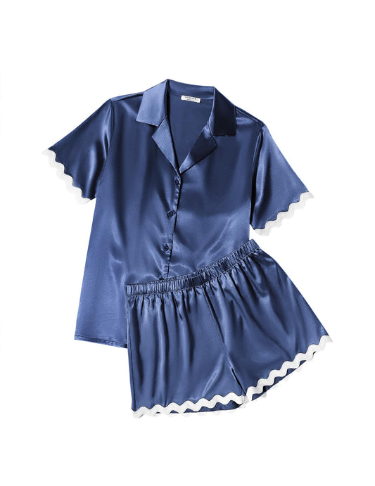 Ekouaer Womens Satin Pajamas Set Button Down 2 Piece Silky Pjs Shorts Set Notch Collar Sleepwear Navy Blue