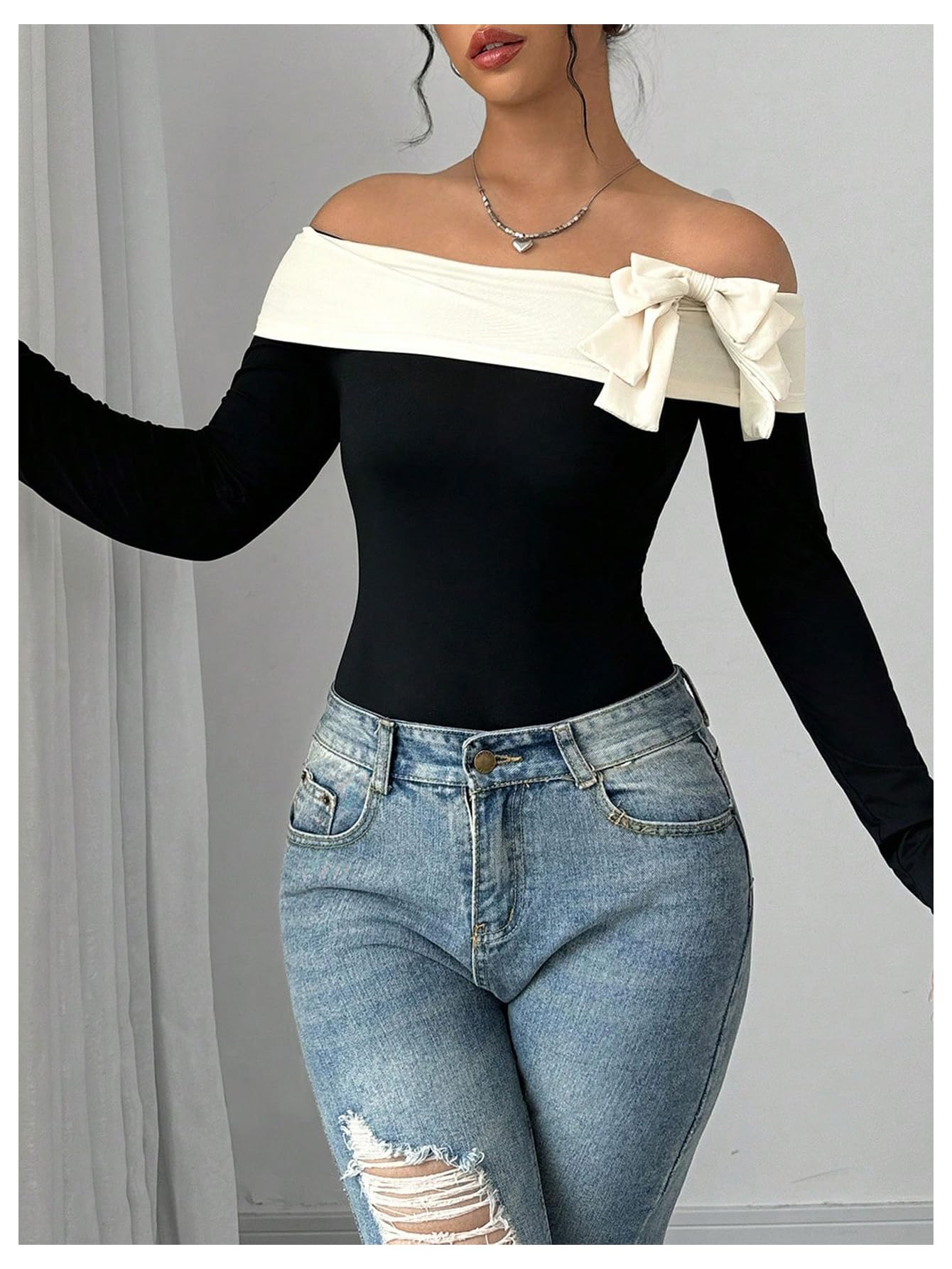 Milumia Women's Colorblock Bow Tie Off Shoulder Long Sleeve Bodysuit Elegant Tops Black and White X-Large