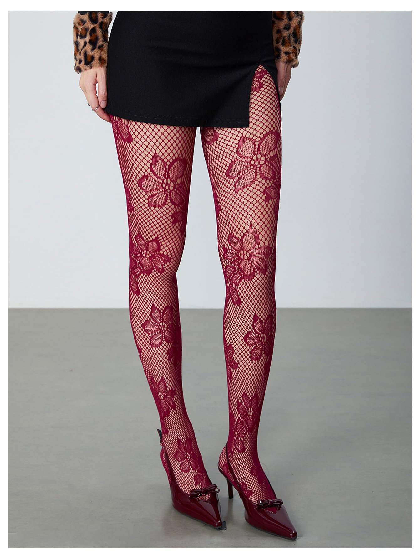 Milumia Women's Floral Patterned Lace See Through Pantyhose Stockings Hollow Tights Burgundy One-Size