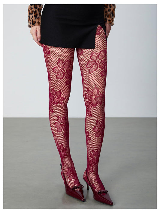Milumia Women's Floral Patterned Lace See Through Pantyhose Stockings Hollow Tights Burgundy One-Size