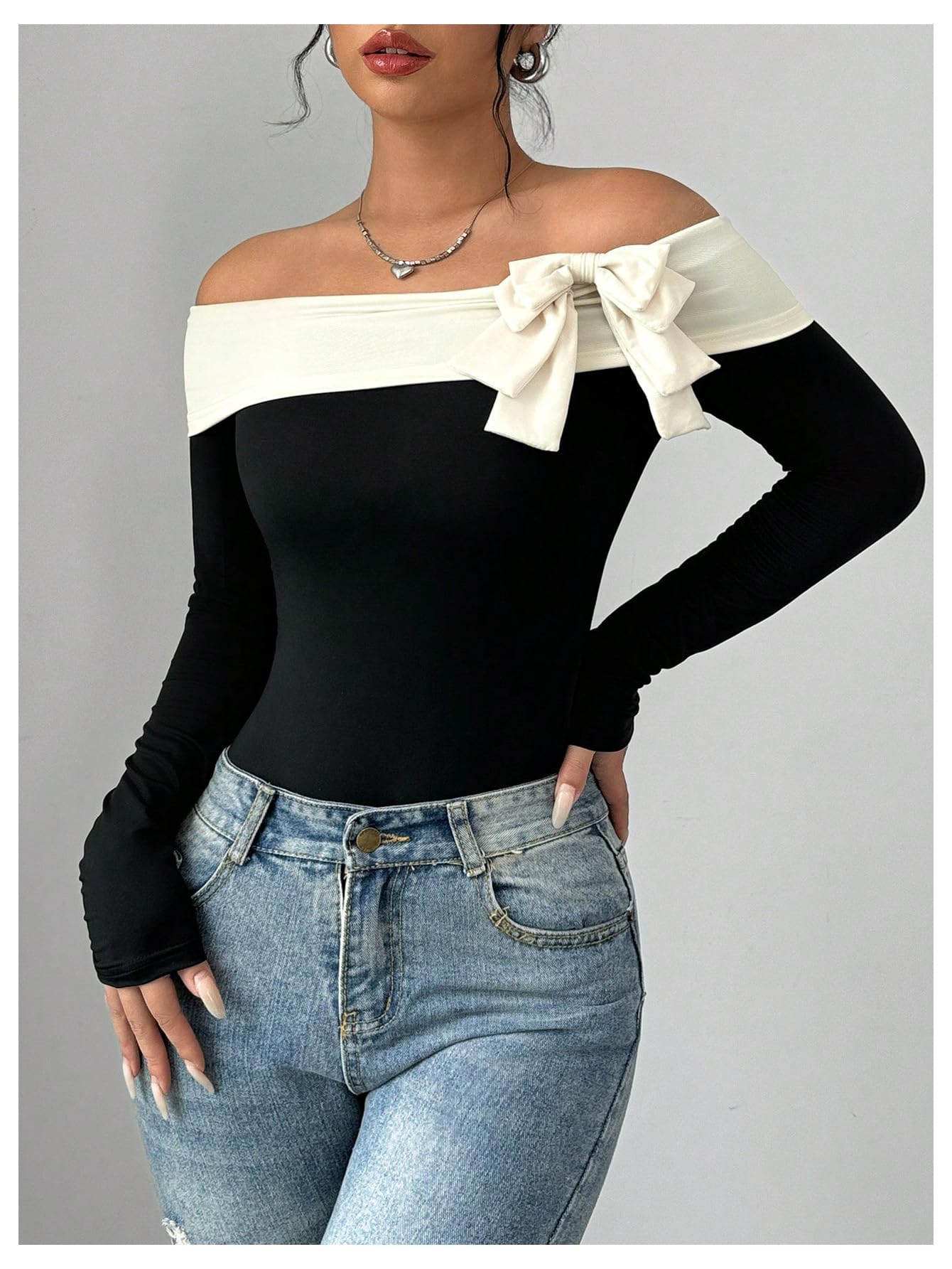 Milumia Women's Colorblock Bow Tie Off Shoulder Long Sleeve Bodysuit Elegant Tops Black and White X-Large