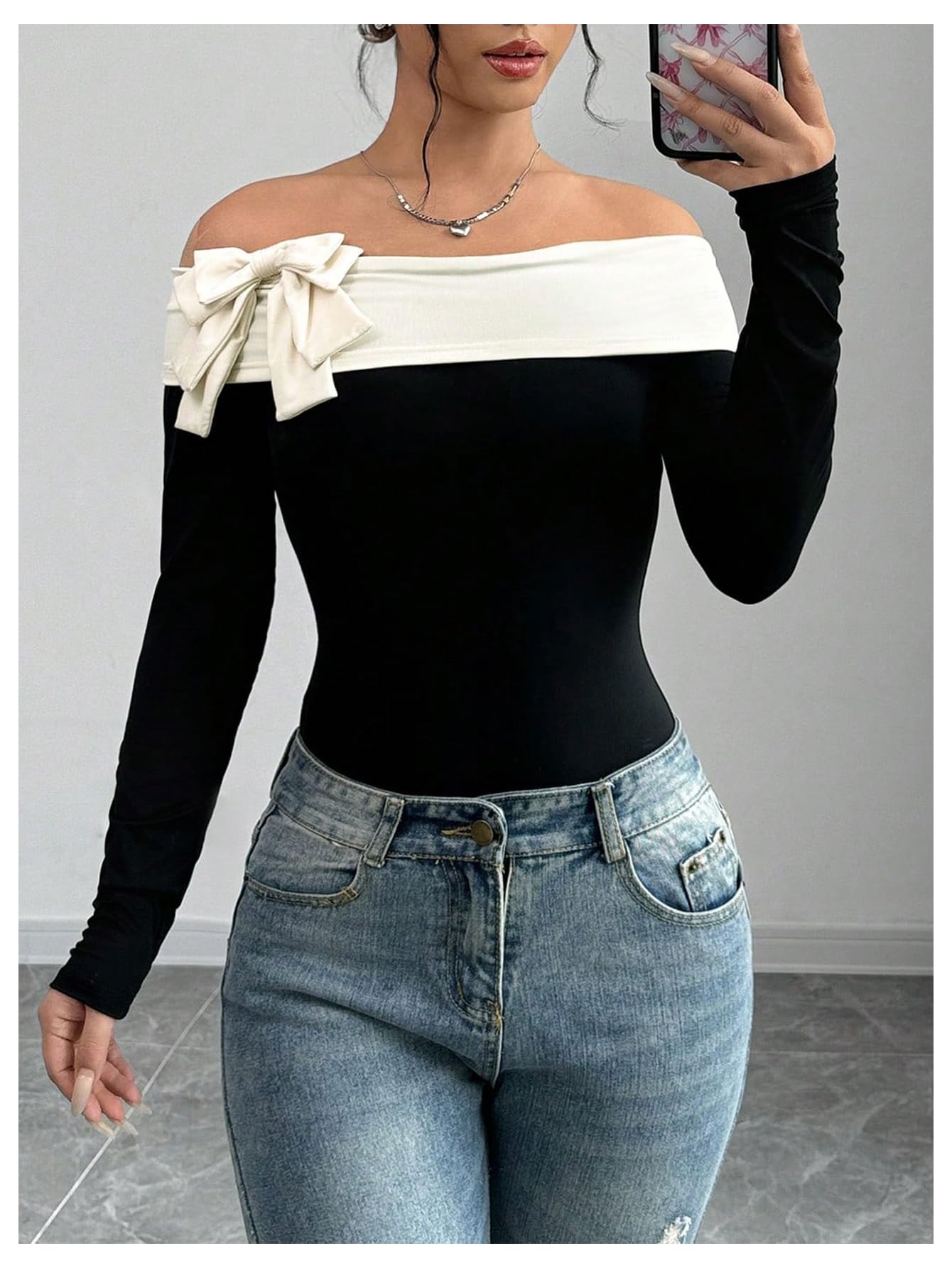Milumia Women's Colorblock Bow Tie Off Shoulder Long Sleeve Bodysuit Elegant Tops Black and White X-Large