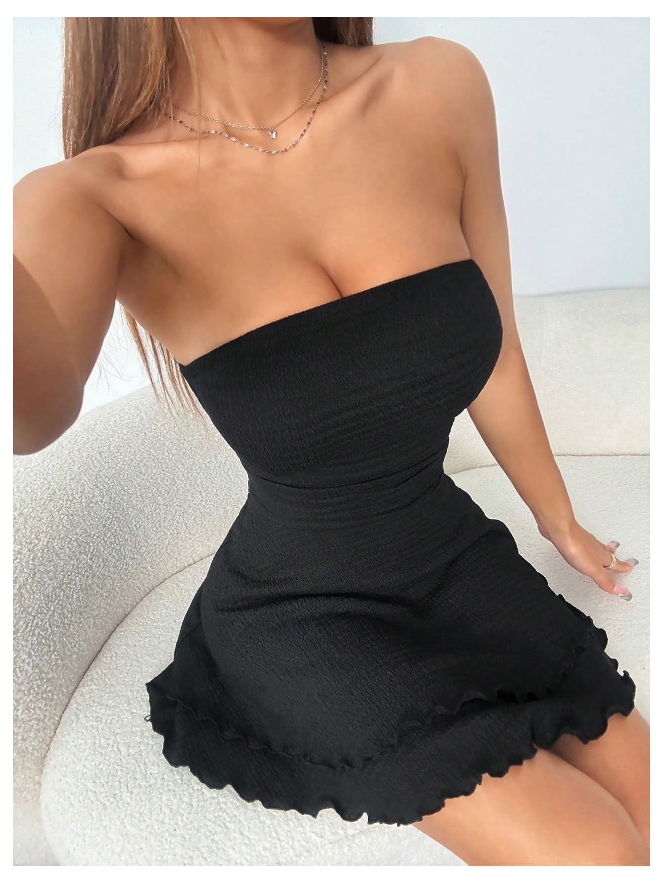 Milumia Women's Strapless Tube Dress Lettuce Hem Layered Flared Short Dresses Black Small