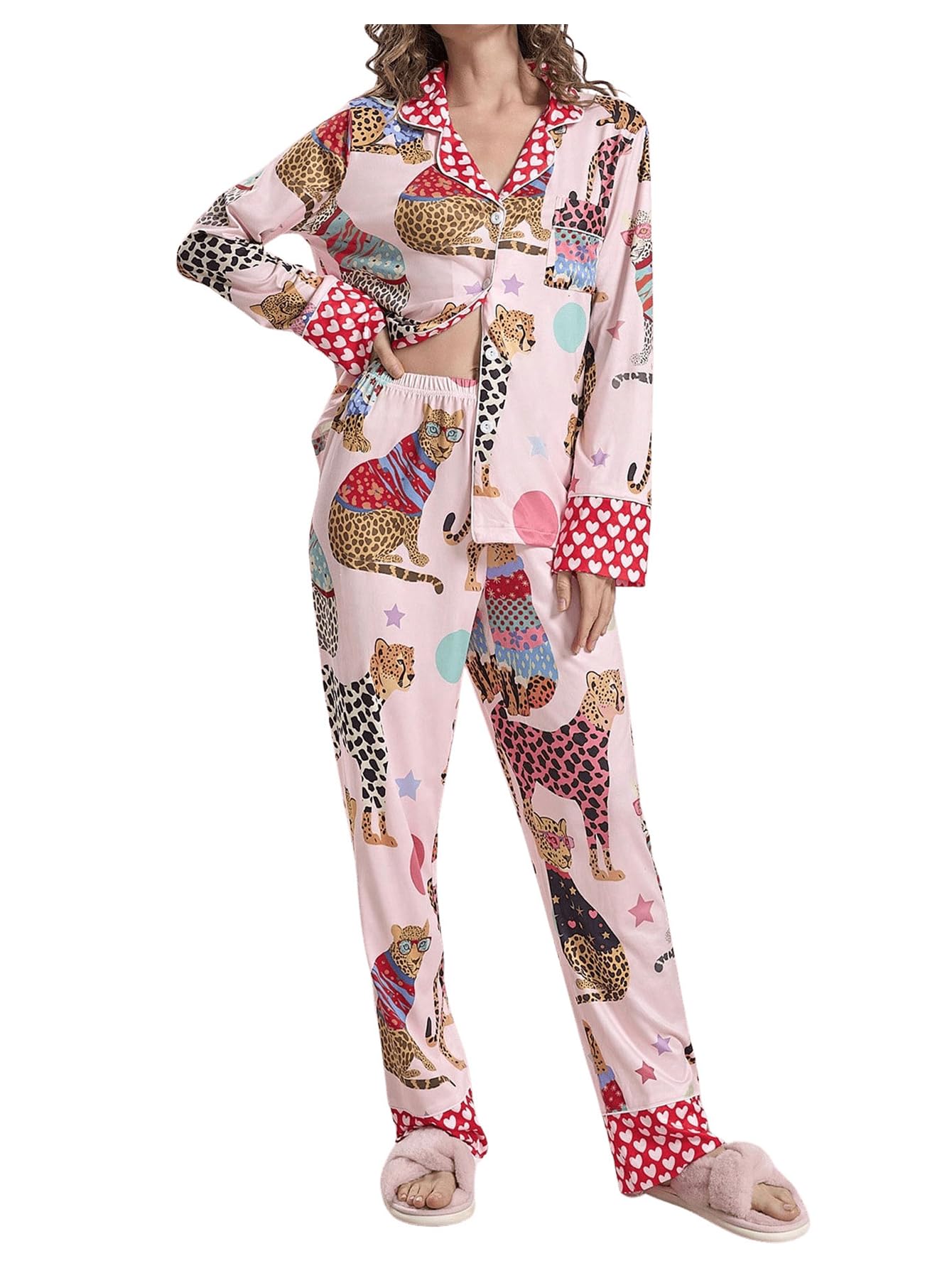 BEAUDRM Women's 2 Piece Pajama Set Animal Print Button Up Long Sleeve Shirt and Pants Lounge Set Multicolor Medium