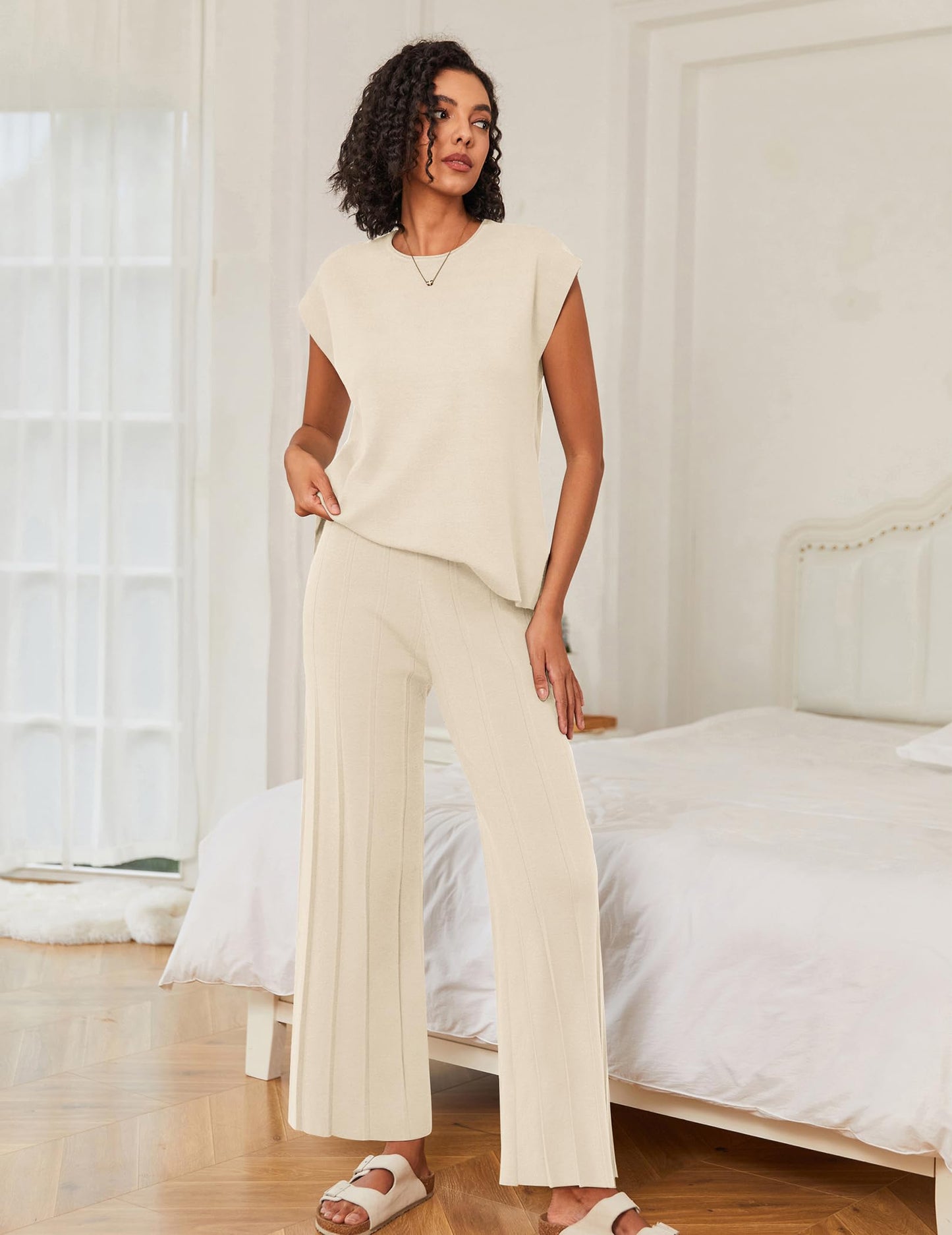 Ekouaer Lounge Sets for Women Two Piece Outfits Knit Cap Sleeve Tops Wide Leg Pleated Pants Casual Dressy Sweater Sets Cream
