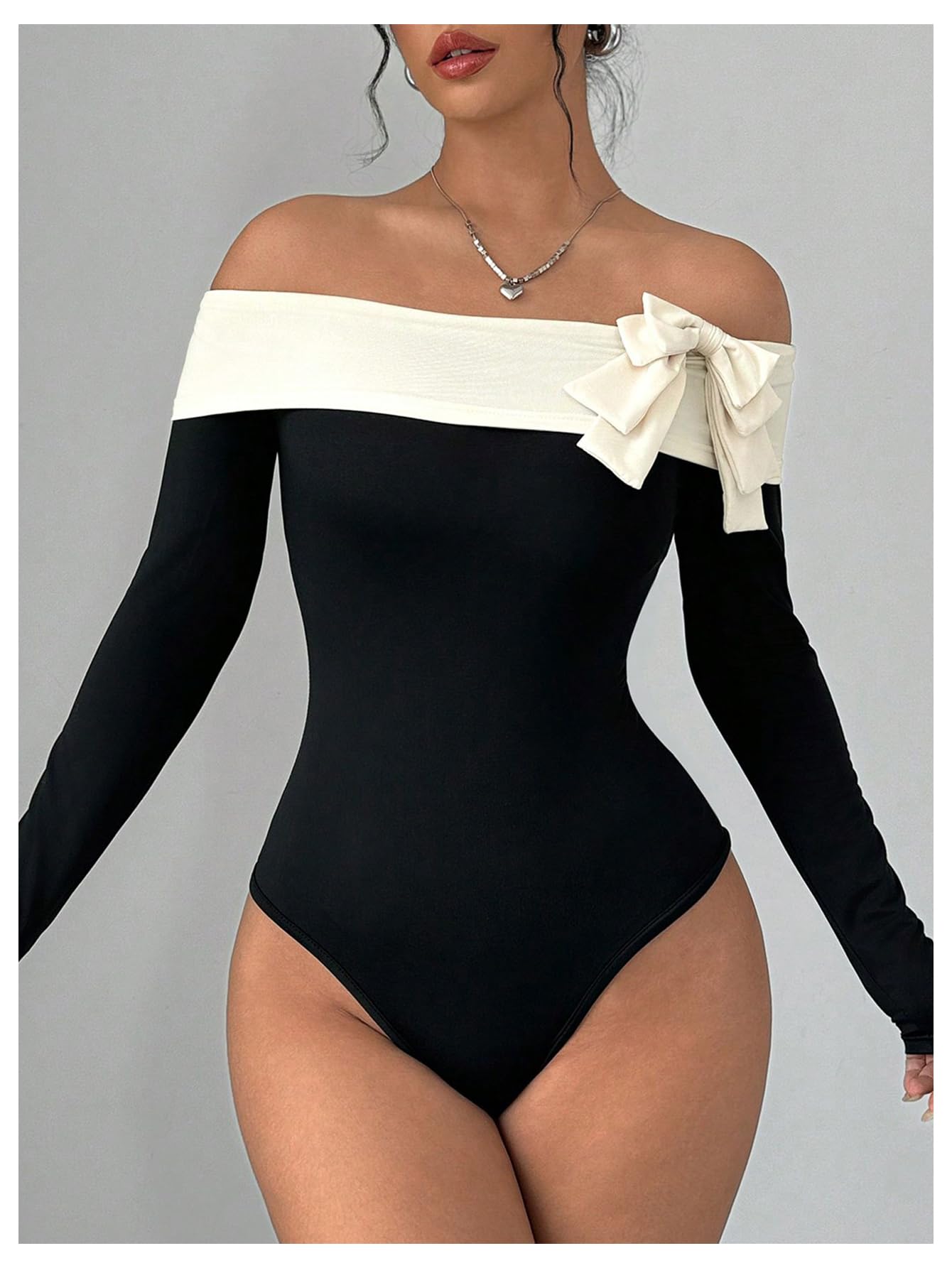 Milumia Women's Colorblock Bow Tie Off Shoulder Long Sleeve Bodysuit Elegant Tops Black and White X-Large