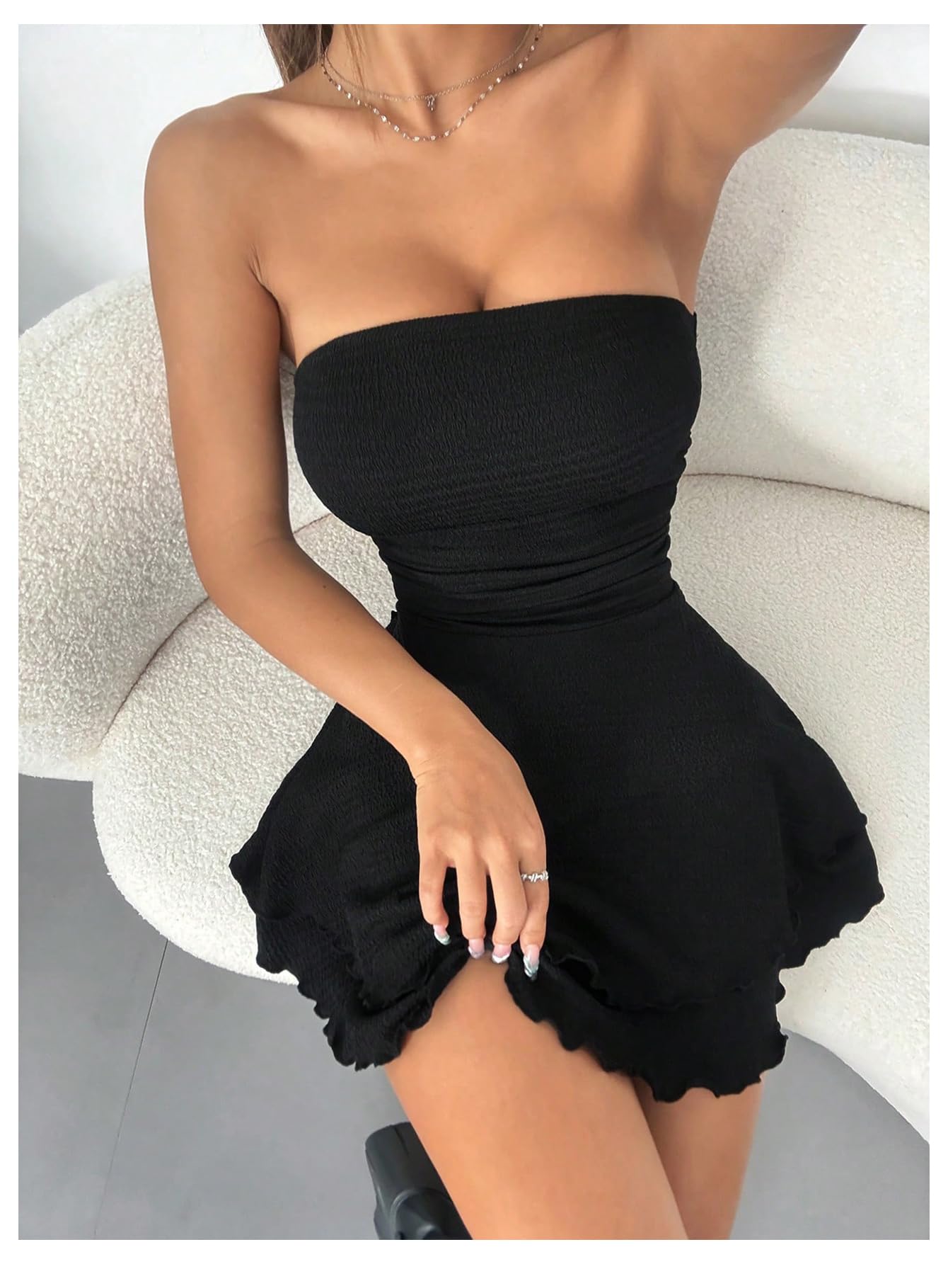 Milumia Women's Strapless Tube Dress Lettuce Hem Layered Flared Short Dresses Black Small