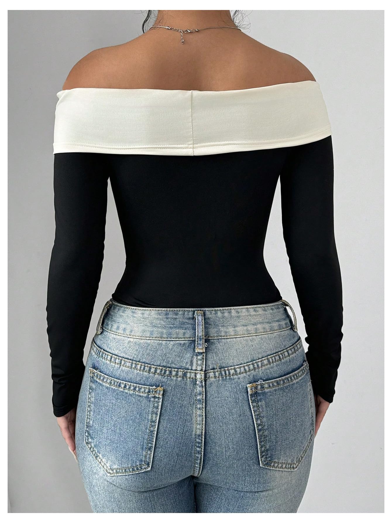 Milumia Women's Colorblock Bow Tie Off Shoulder Long Sleeve Bodysuit Elegant Tops Black and White X-Large