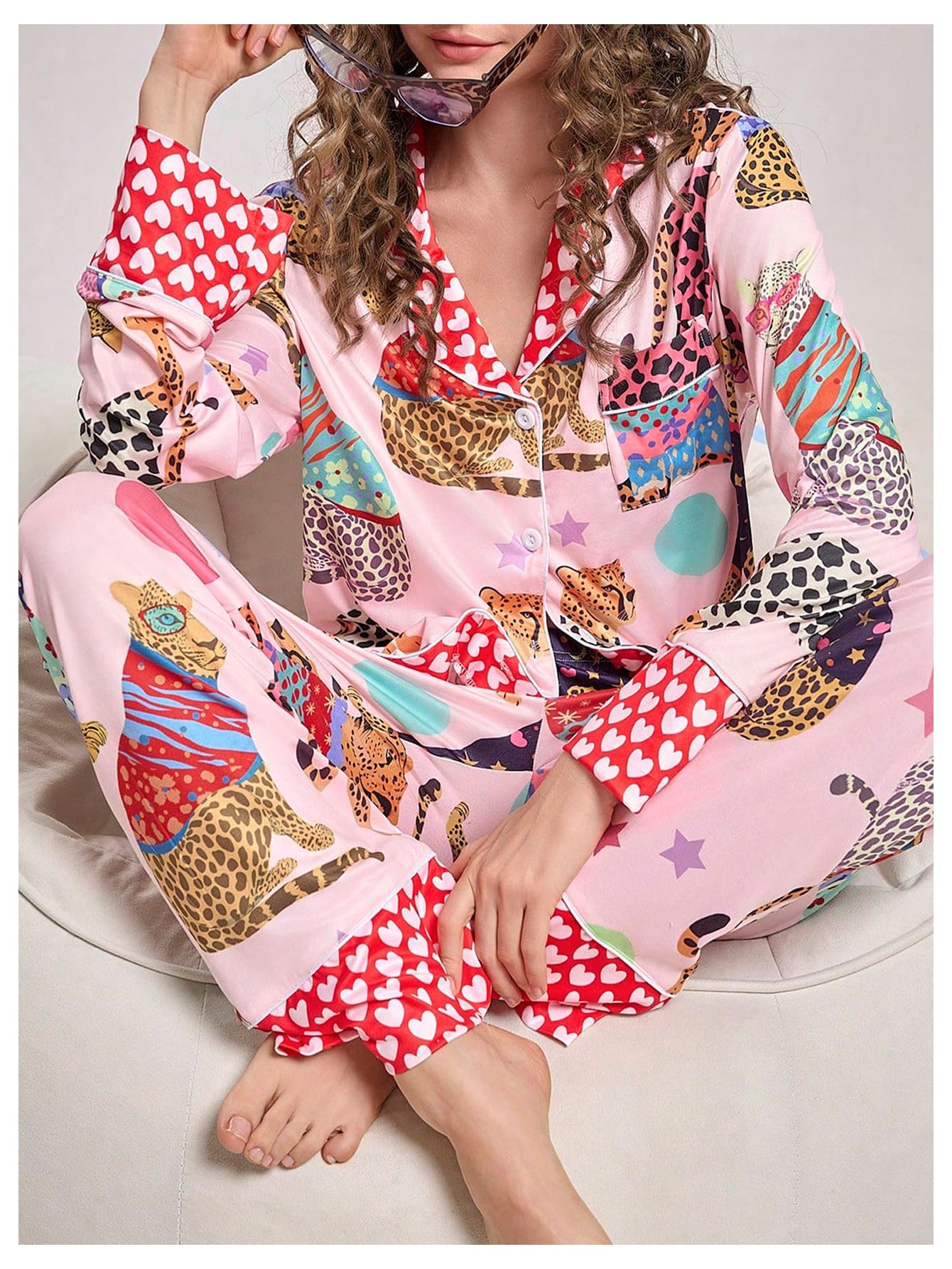 BEAUDRM Women's 2 Piece Pajama Set Animal Print Button Up Long Sleeve Shirt and Pants Lounge Set Multicolor Medium