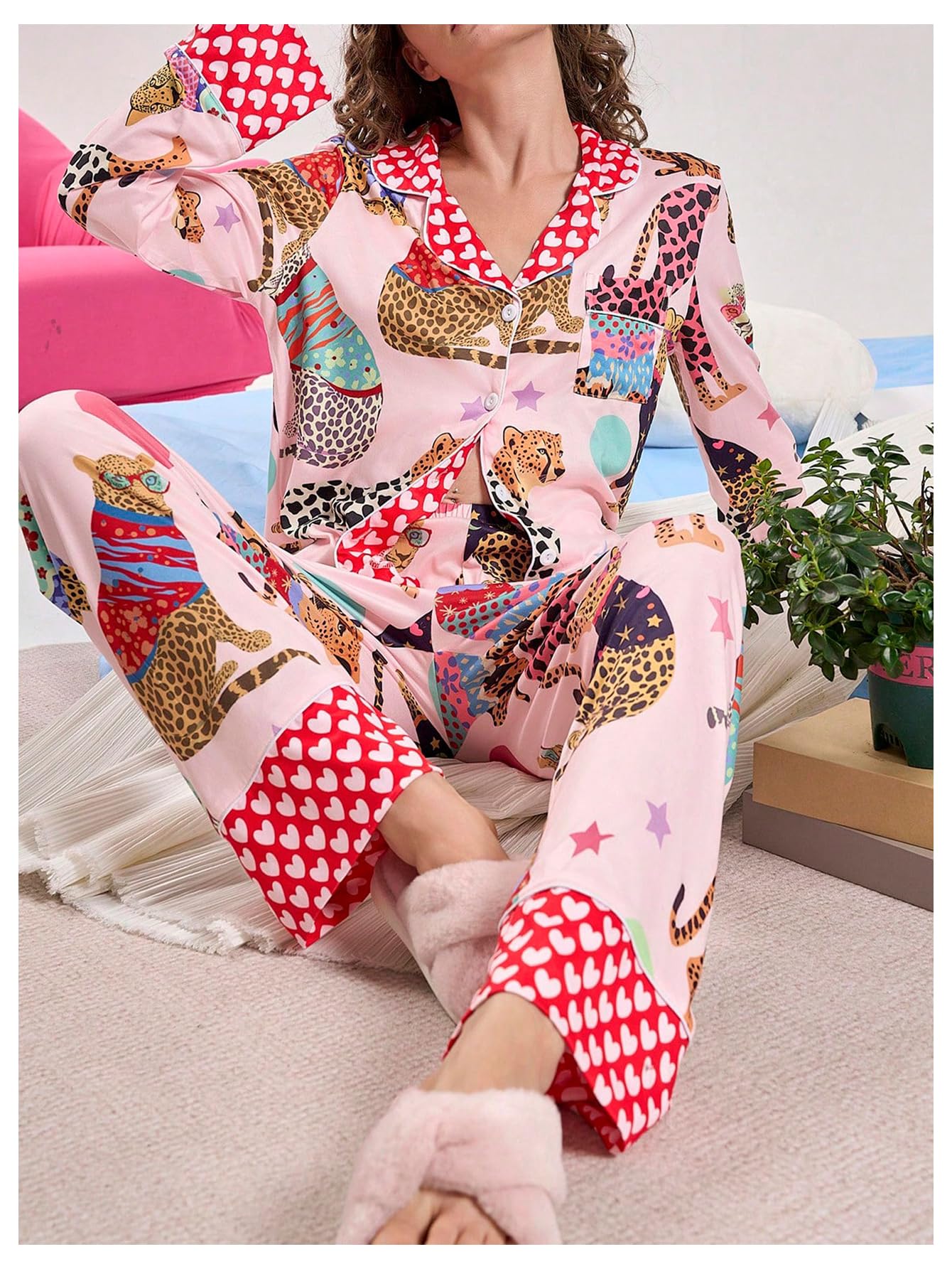 BEAUDRM Women's 2 Piece Pajama Set Animal Print Button Up Long Sleeve Shirt and Pants Lounge Set Multicolor Medium