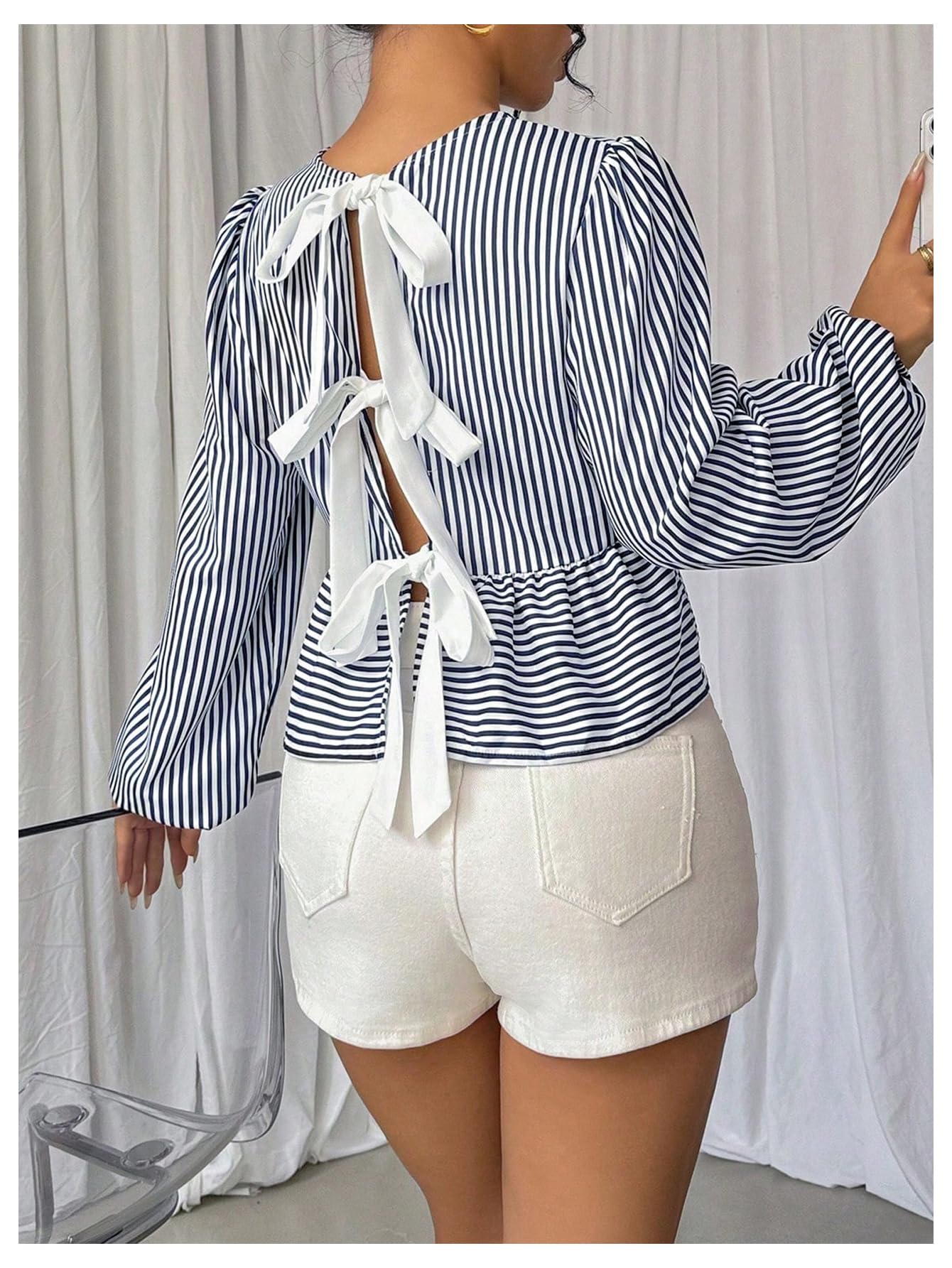 Milumia Women's Y2k Striped Bow Knot Blouse Long Sleeve Ruffle Hem Loose Fit Peplum Top Deep Blue