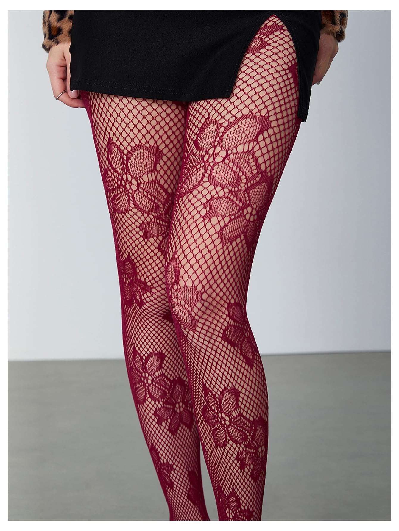 Milumia Women's Floral Patterned Lace See Through Pantyhose Stockings Hollow Tights Burgundy One-Size