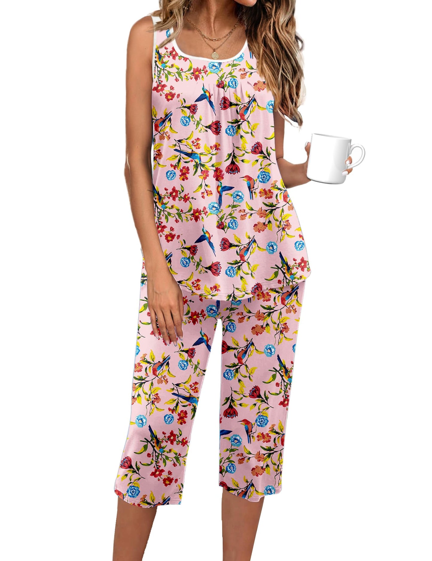 Ekouaer Capri Pajama Sets for Women 2 Piece Soft Cute Pjs Round Neck Sleeveless Lounge Set for Summer Sleepwear Parrots Garden M