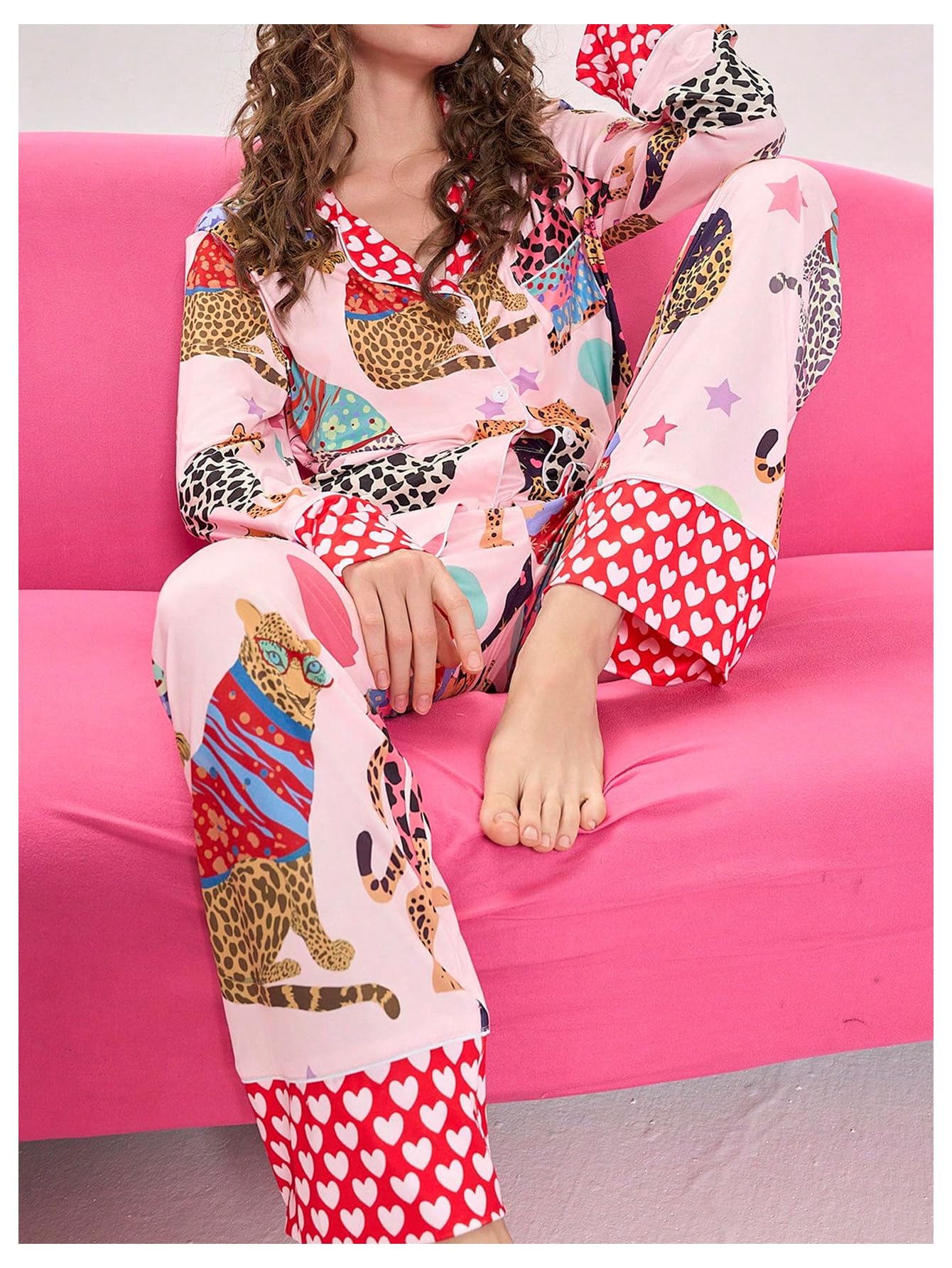 BEAUDRM Women's 2 Piece Pajama Set Animal Print Button Up Long Sleeve Shirt and Pants Lounge Set Multicolor Medium