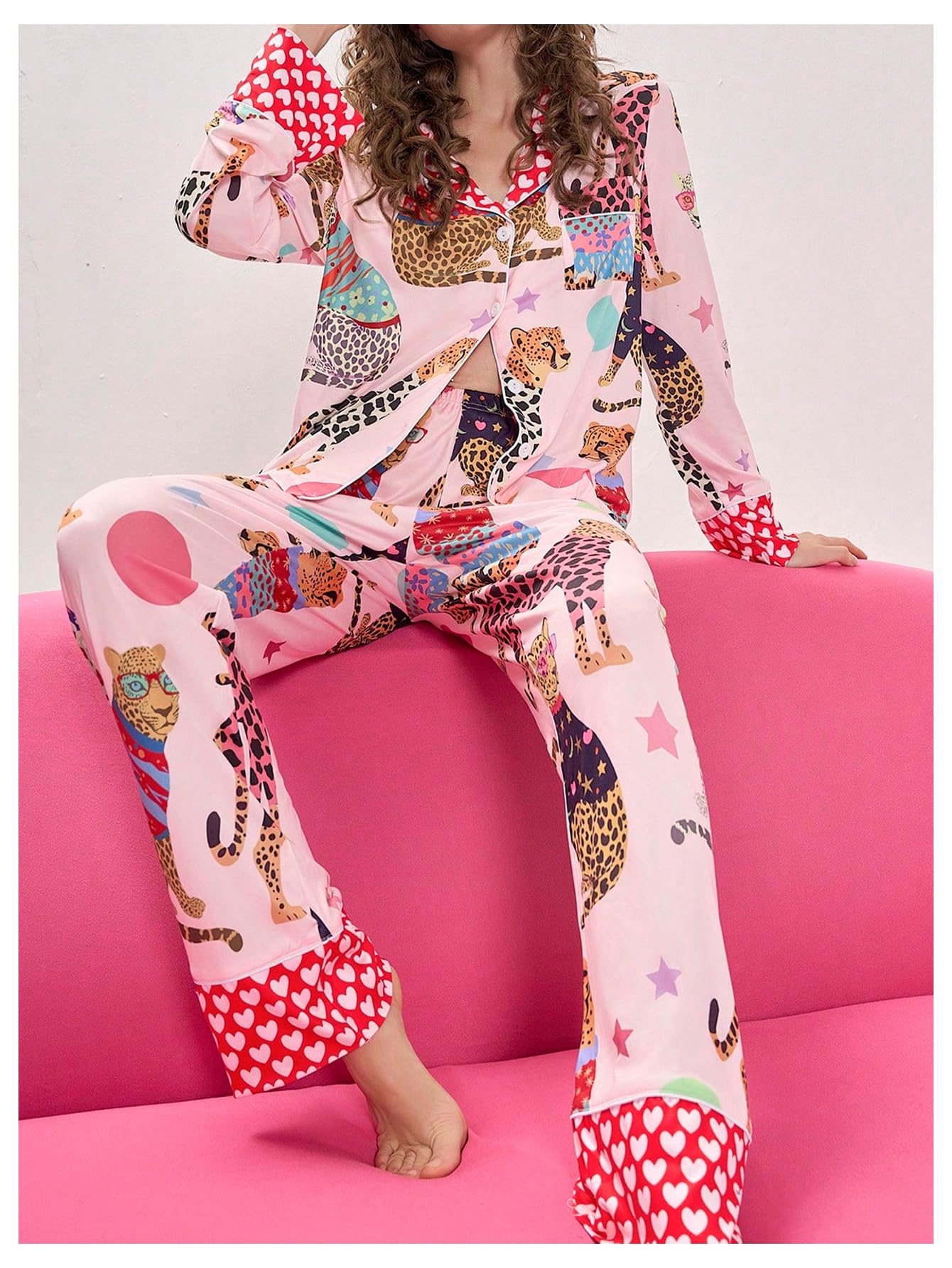 BEAUDRM Women's 2 Piece Pajama Set Animal Print Button Up Long Sleeve Shirt and Pants Lounge Set Multicolor Medium