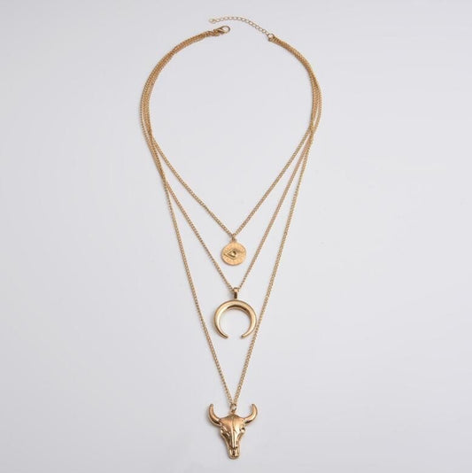 Alloy Three - Layered Bull Head Pendant Necklace - Bella Blue Styles