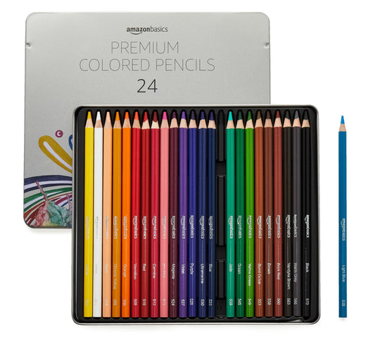 Amazon Basics - Premium Colored Pencils, Soft Core, 24 Count (Pack of 1), Multicolor - Bella Blue Styles