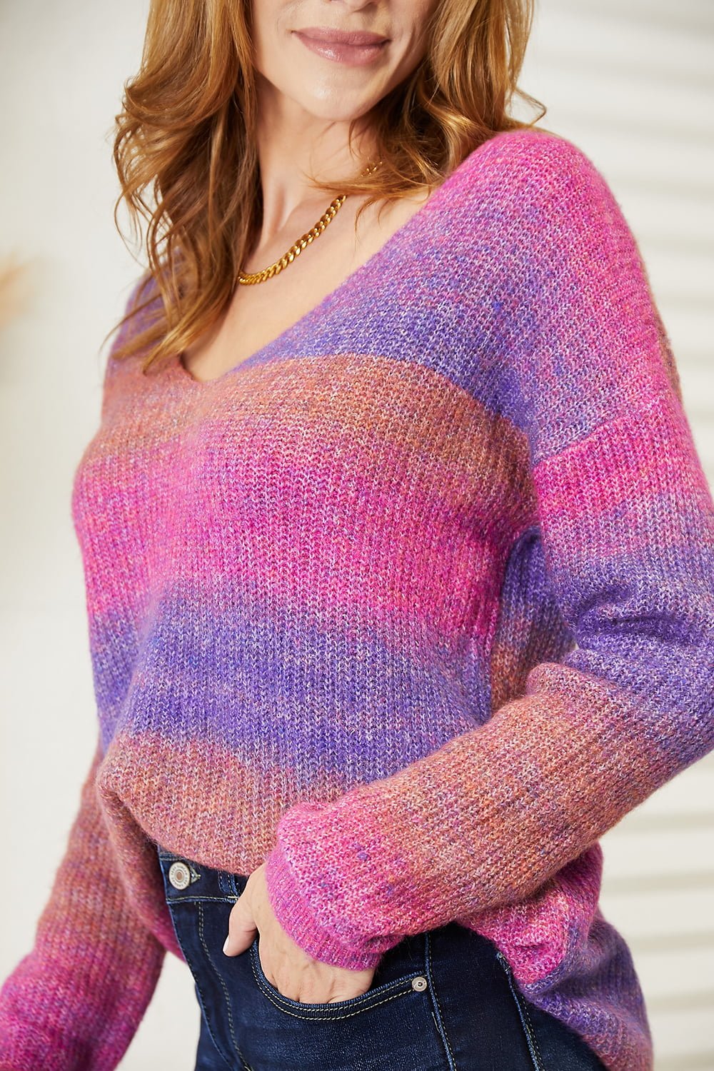 Angel Wings Multicolored Rib - Knit V - Neck Knit Pullover - Bella Blue Styles