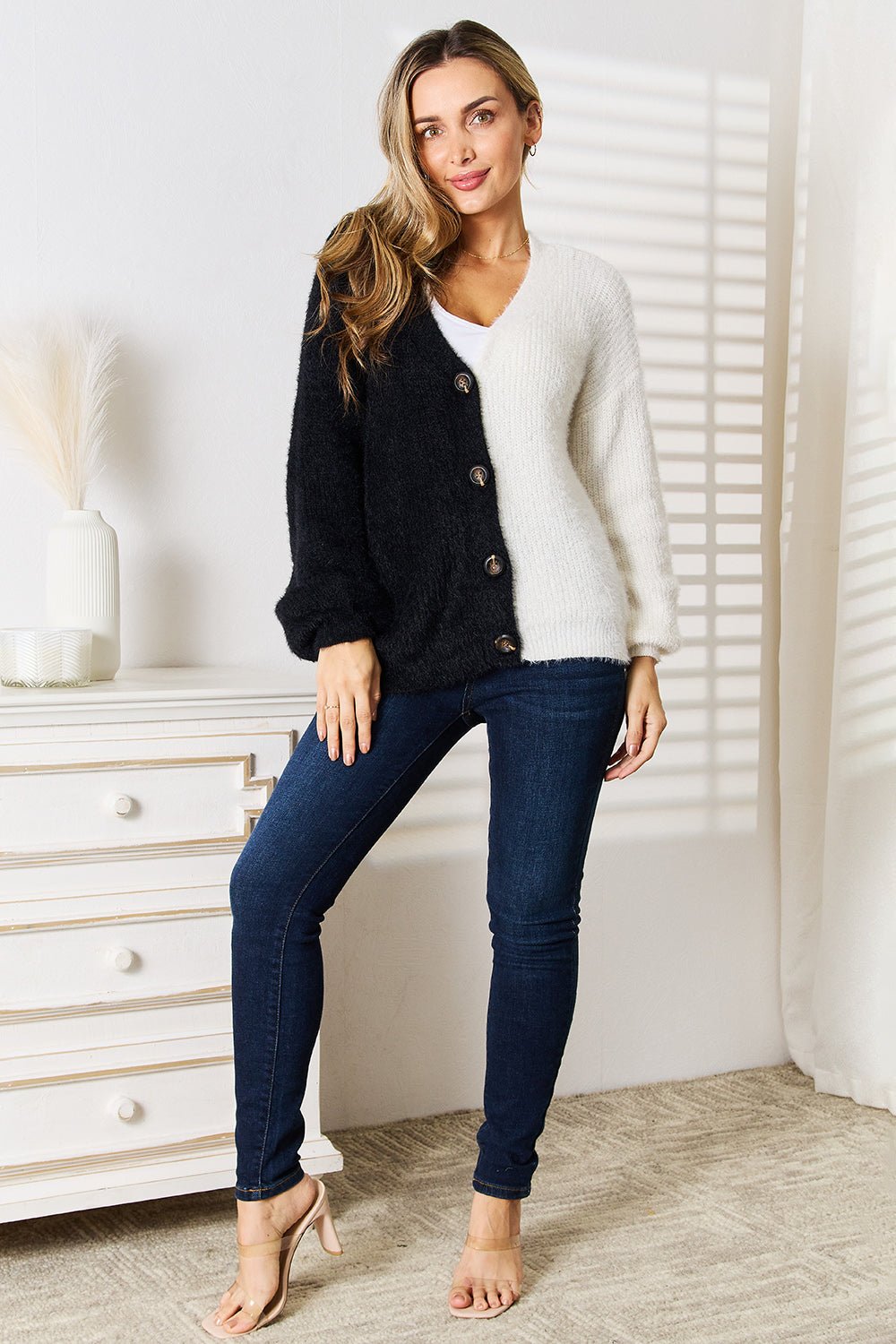 Angel Wings Woven Right Contrast Button - Front V - Neck Cardigan - Bella Blue Styles