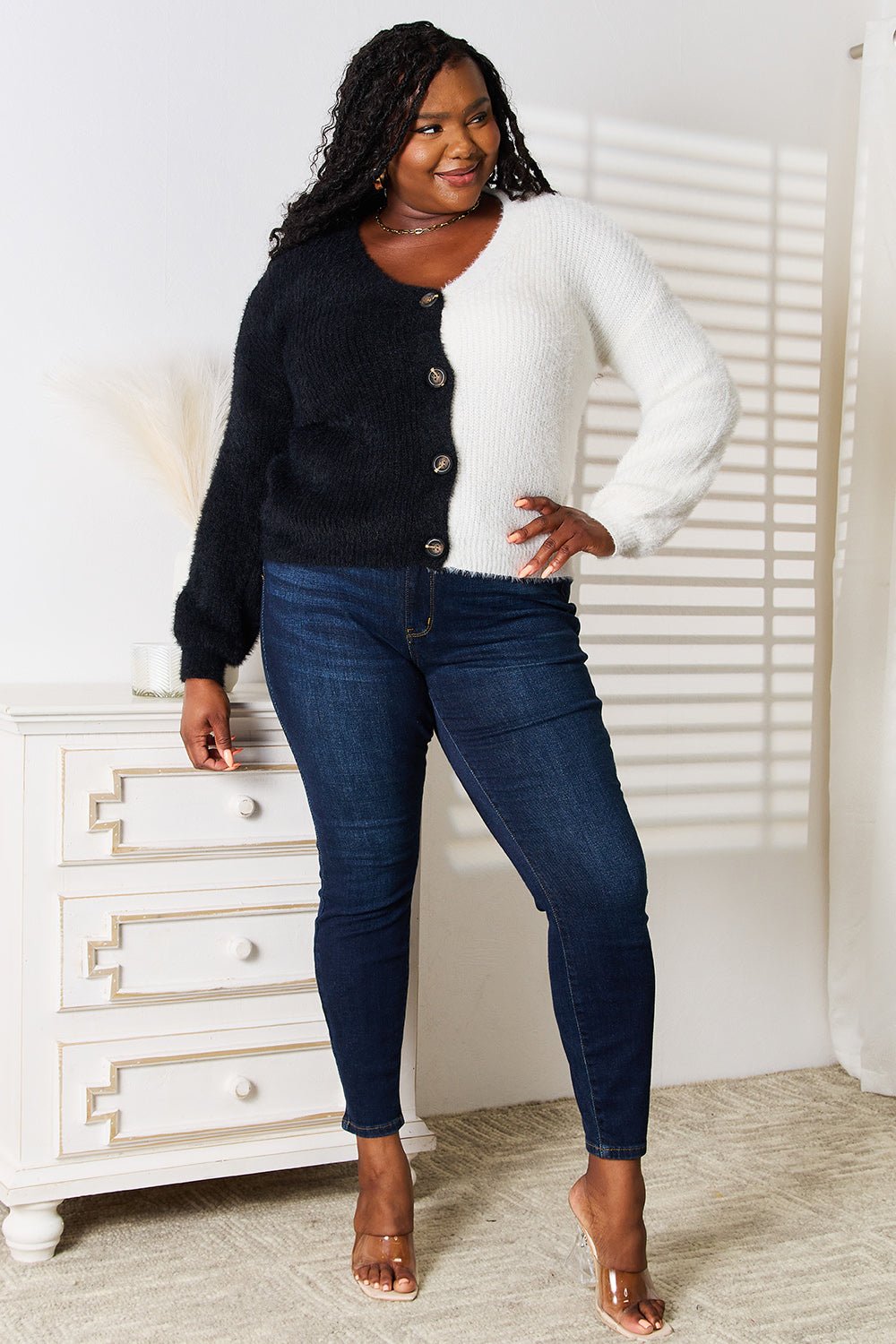 Angel Wings Woven Right Contrast Button - Front V - Neck Cardigan - Bella Blue Styles
