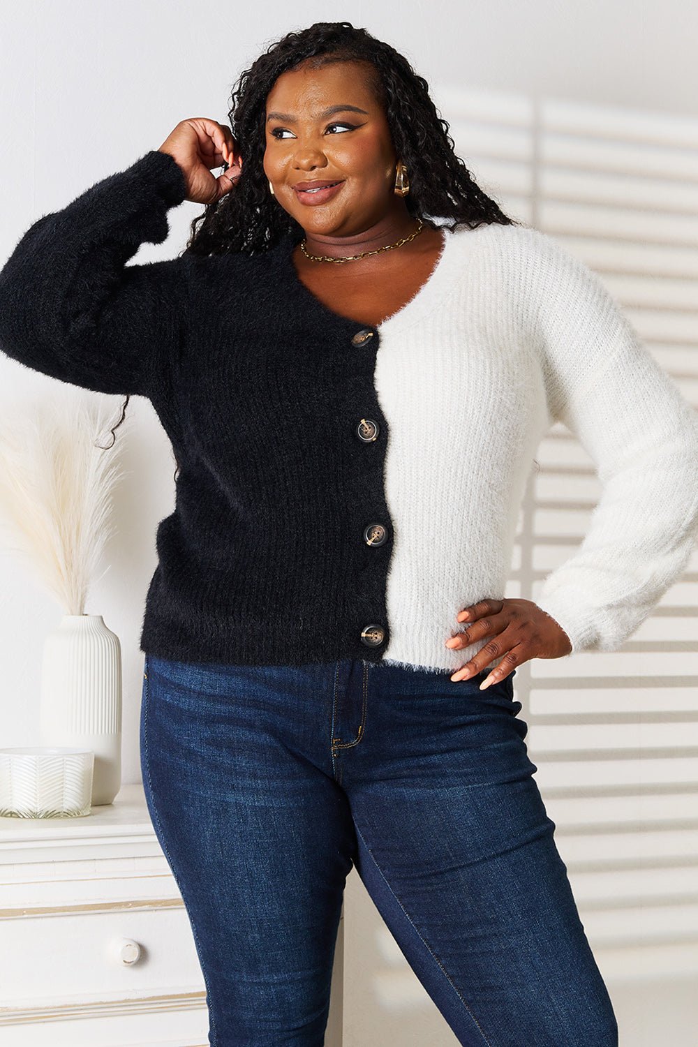 Angel Wings Woven Right Contrast Button - Front V - Neck Cardigan - Bella Blue Styles