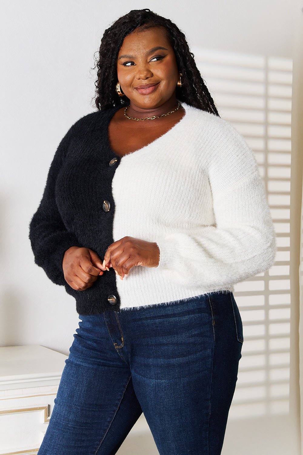 Angel Wings Woven Right Contrast Button - Front V - Neck Cardigan - Bella Blue Styles