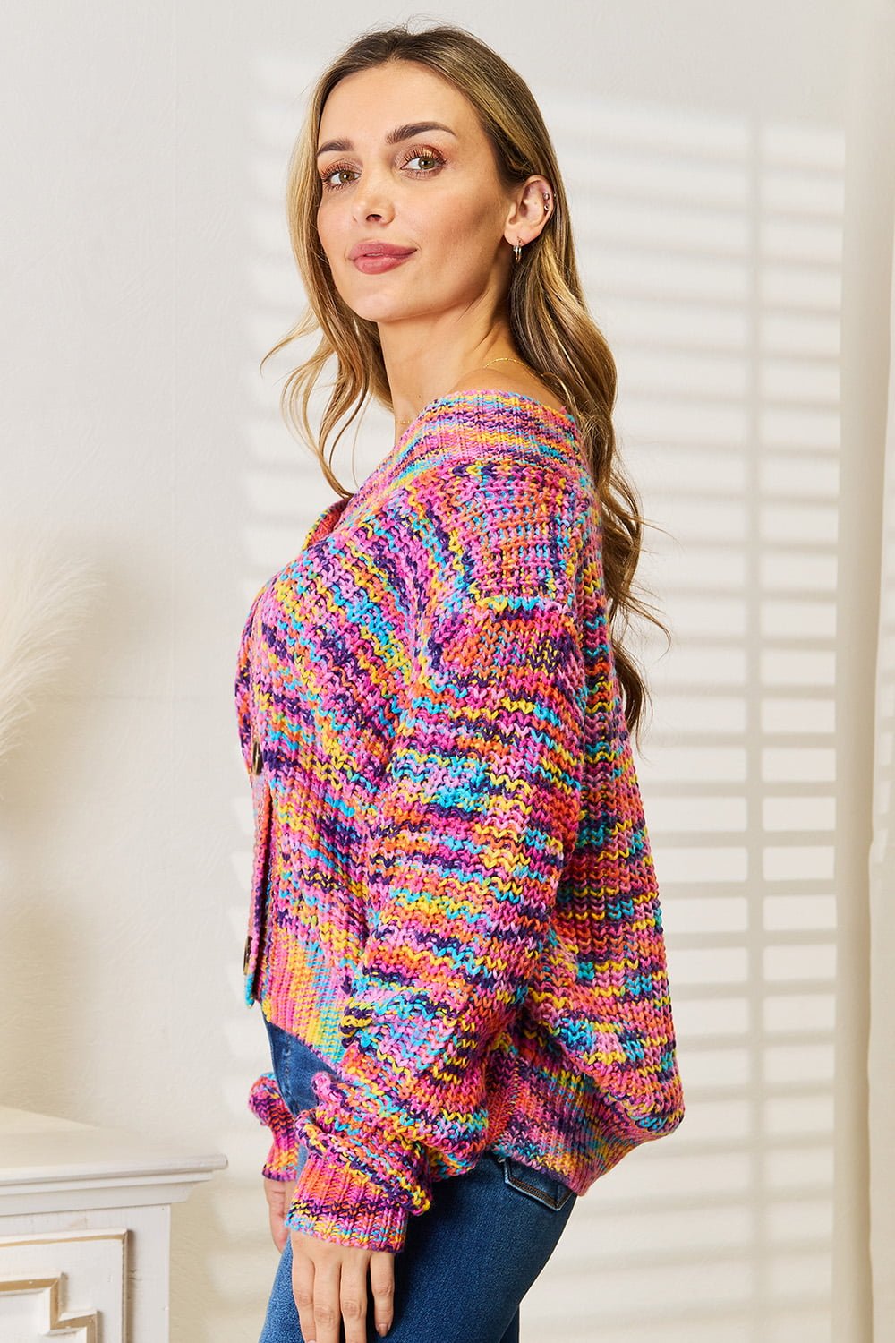 Angel Wings Woven Right V - Neck Long Sleeve Cardigan - Bella Blue Styles