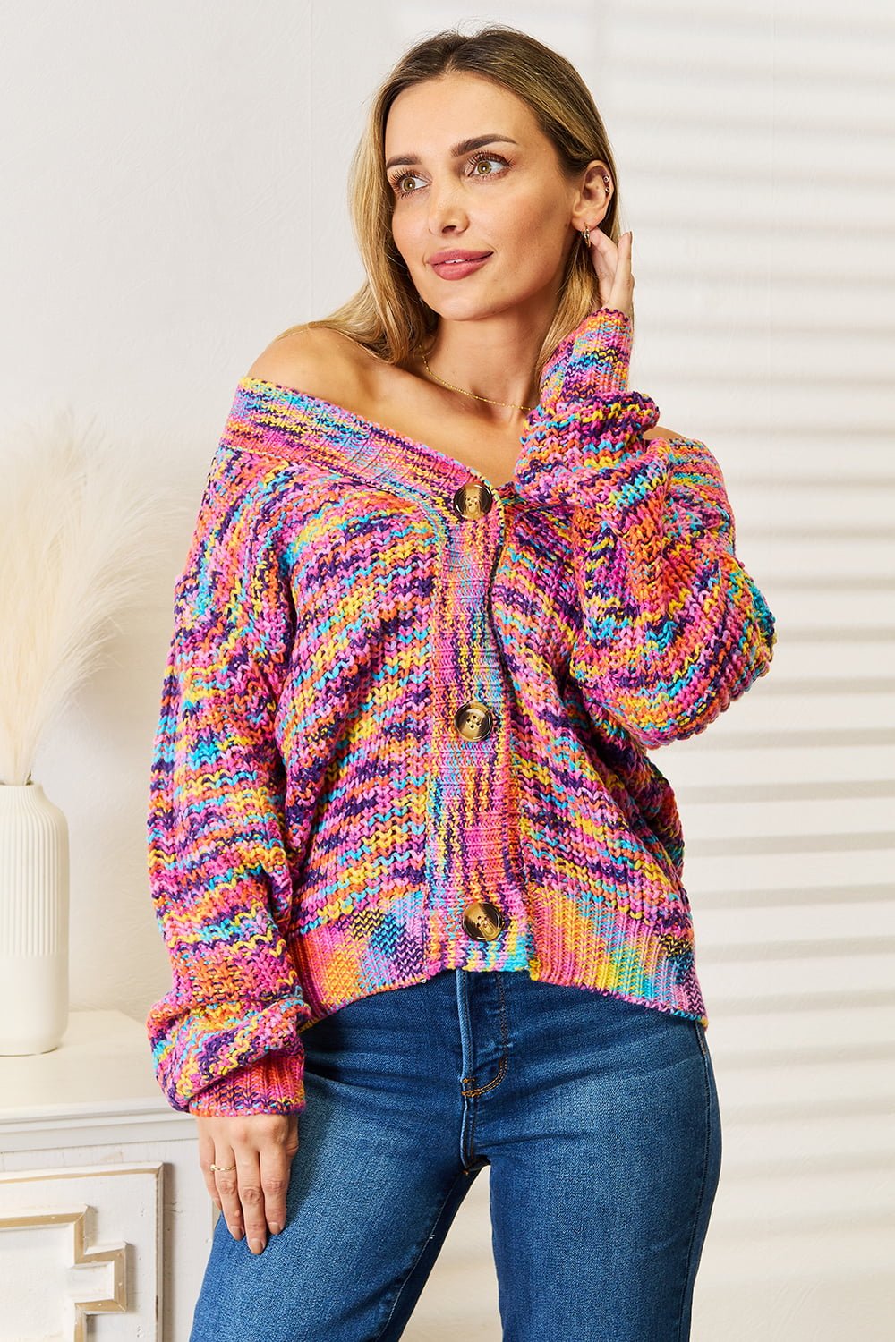 Angel Wings Woven Right V - Neck Long Sleeve Cardigan - Bella Blue Styles
