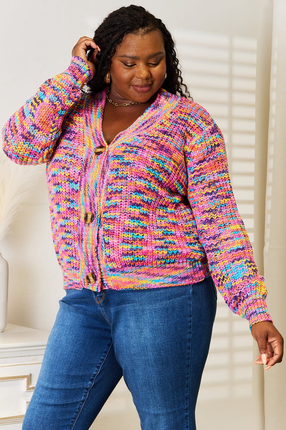 Angel Wings Woven Right V - Neck Long Sleeve Cardigan - Bella Blue Styles