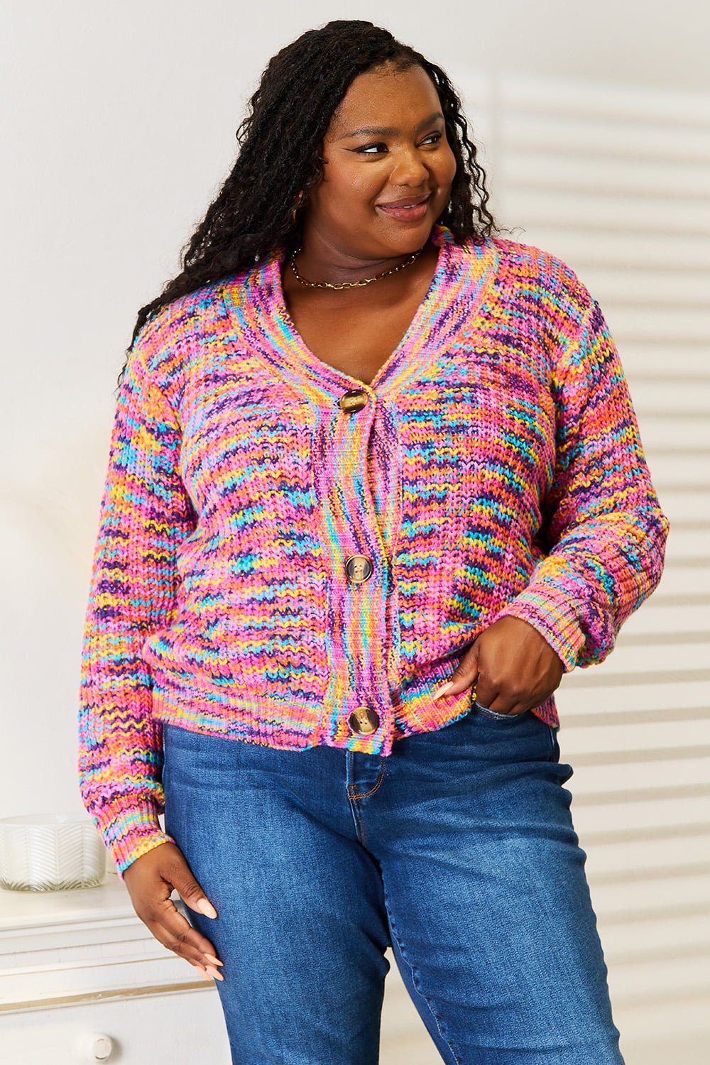 Angel Wings Woven Right V - Neck Long Sleeve Cardigan - Bella Blue Styles