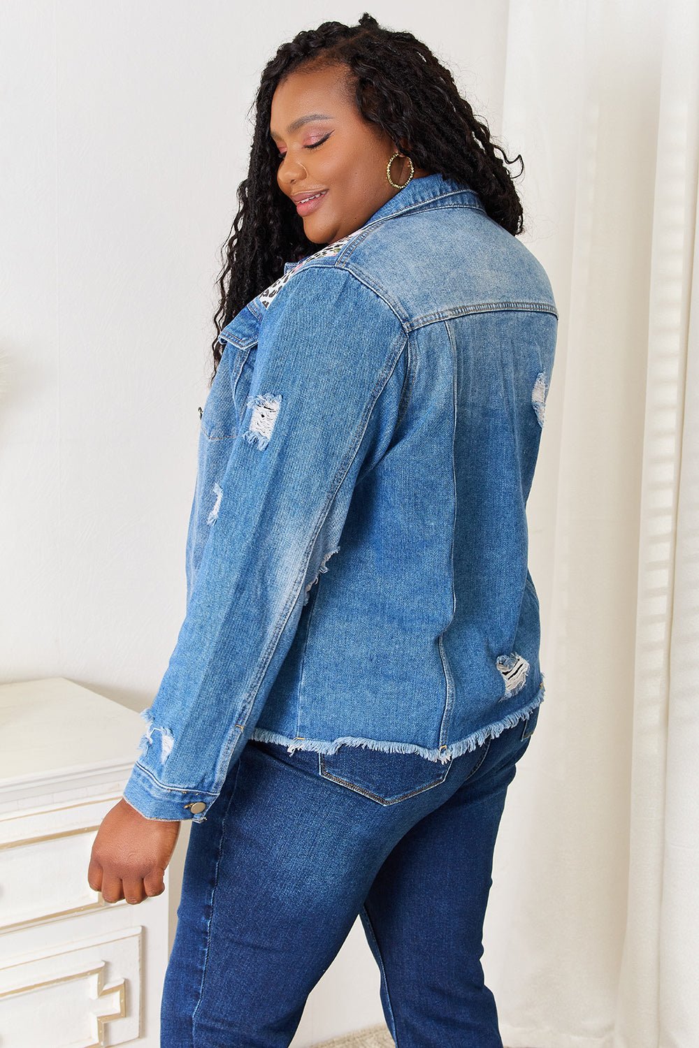 Baeful Leopard Floral Distressed Raw Hem Denim Jacket - Bella Blue Styles