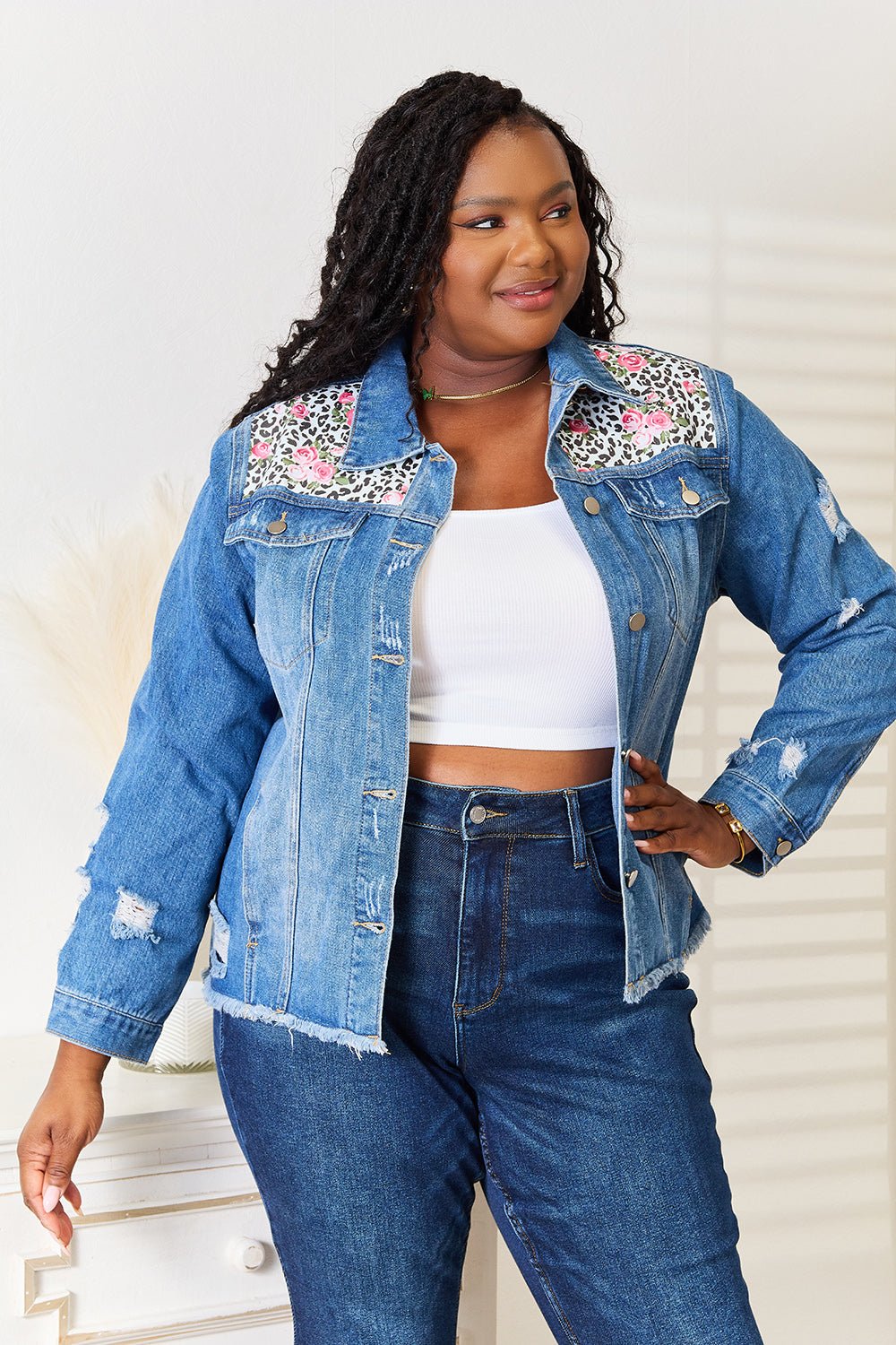 Baeful Leopard Floral Distressed Raw Hem Denim Jacket - Bella Blue Styles