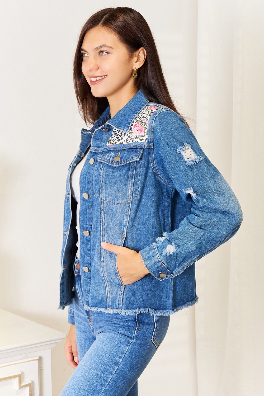 Baeful Leopard Floral Distressed Raw Hem Denim Jacket - Bella Blue Styles