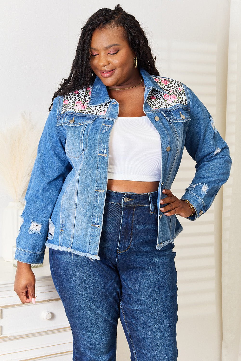 Baeful Leopard Floral Distressed Raw Hem Denim Jacket - Bella Blue Styles