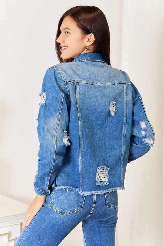 Baeful Leopard Floral Distressed Raw Hem Denim Jacket - Bella Blue Styles