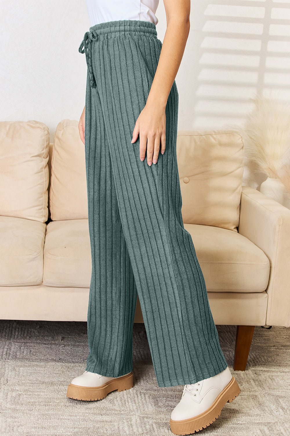 Basic Bae Full Size Ribbed Drawstring Hooded Top and Straight Pants Set - Bella Blue Styles