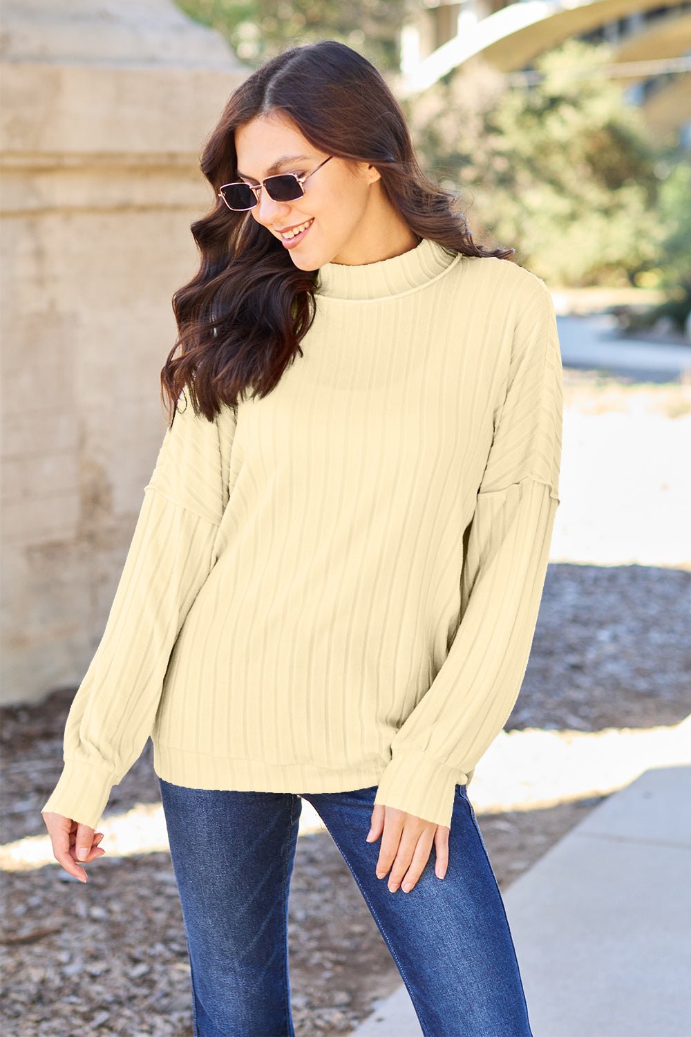 Basic Bae Full Size Ribbed Exposed Seam Mock Neck Knit Top - Bella Blue Styles