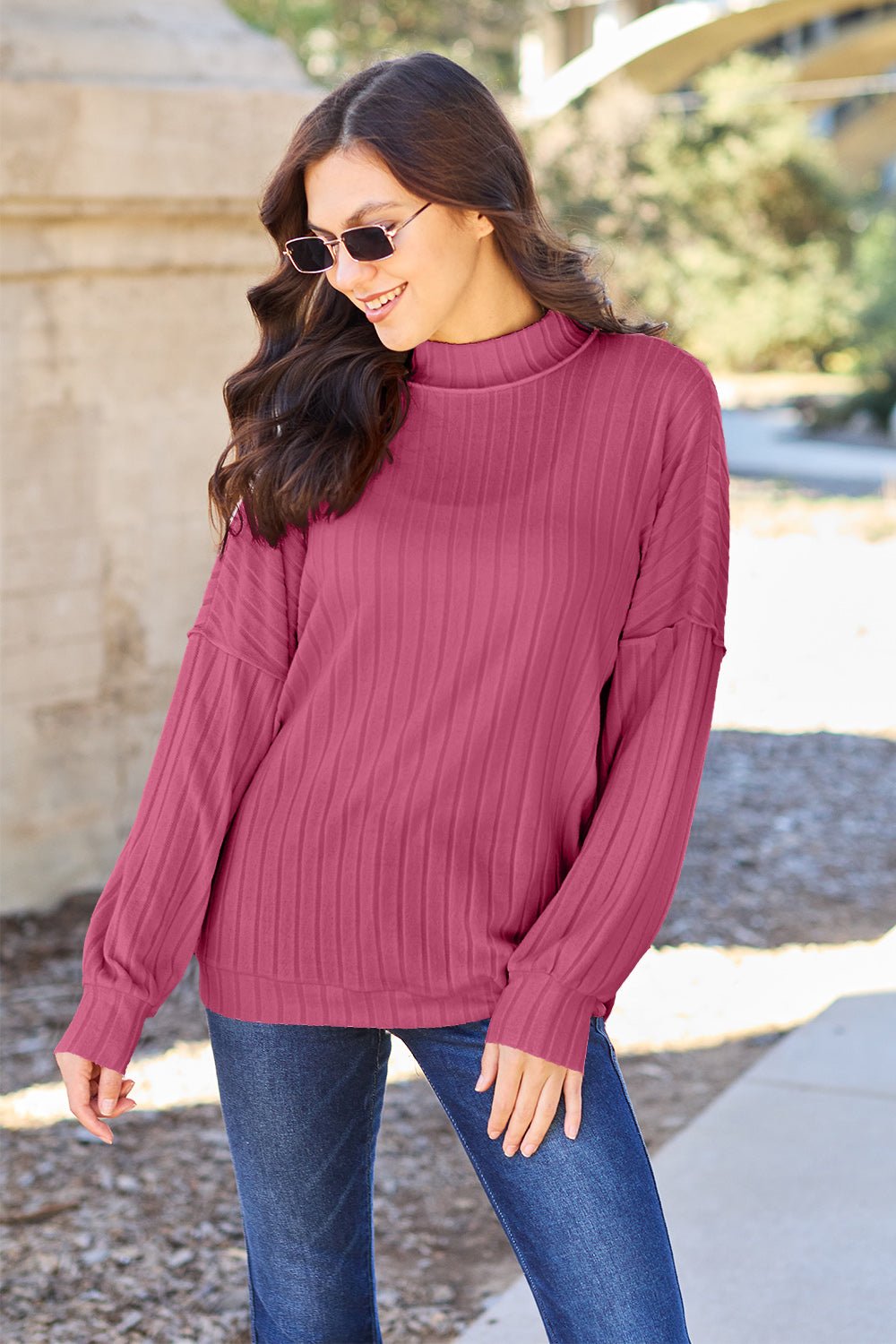 Basic Bae Full Size Ribbed Exposed Seam Mock Neck Knit Top - Bella Blue Styles