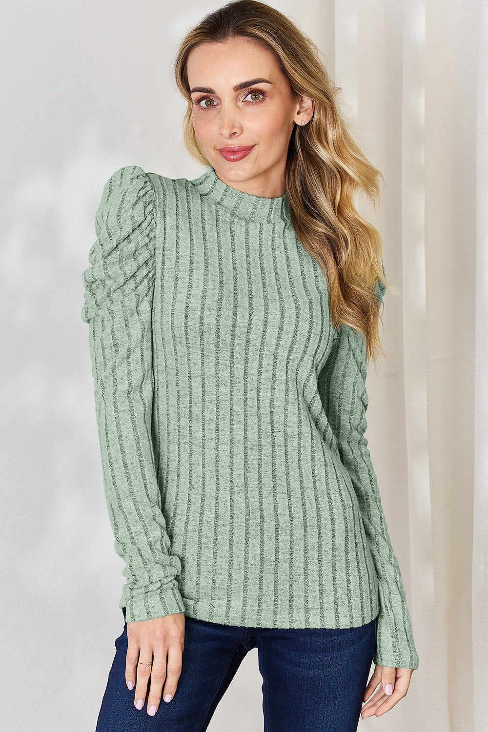 Basic Bae Full Size Ribbed Mock Neck Puff Sleeve T-Shirt - Bella Blue Styles