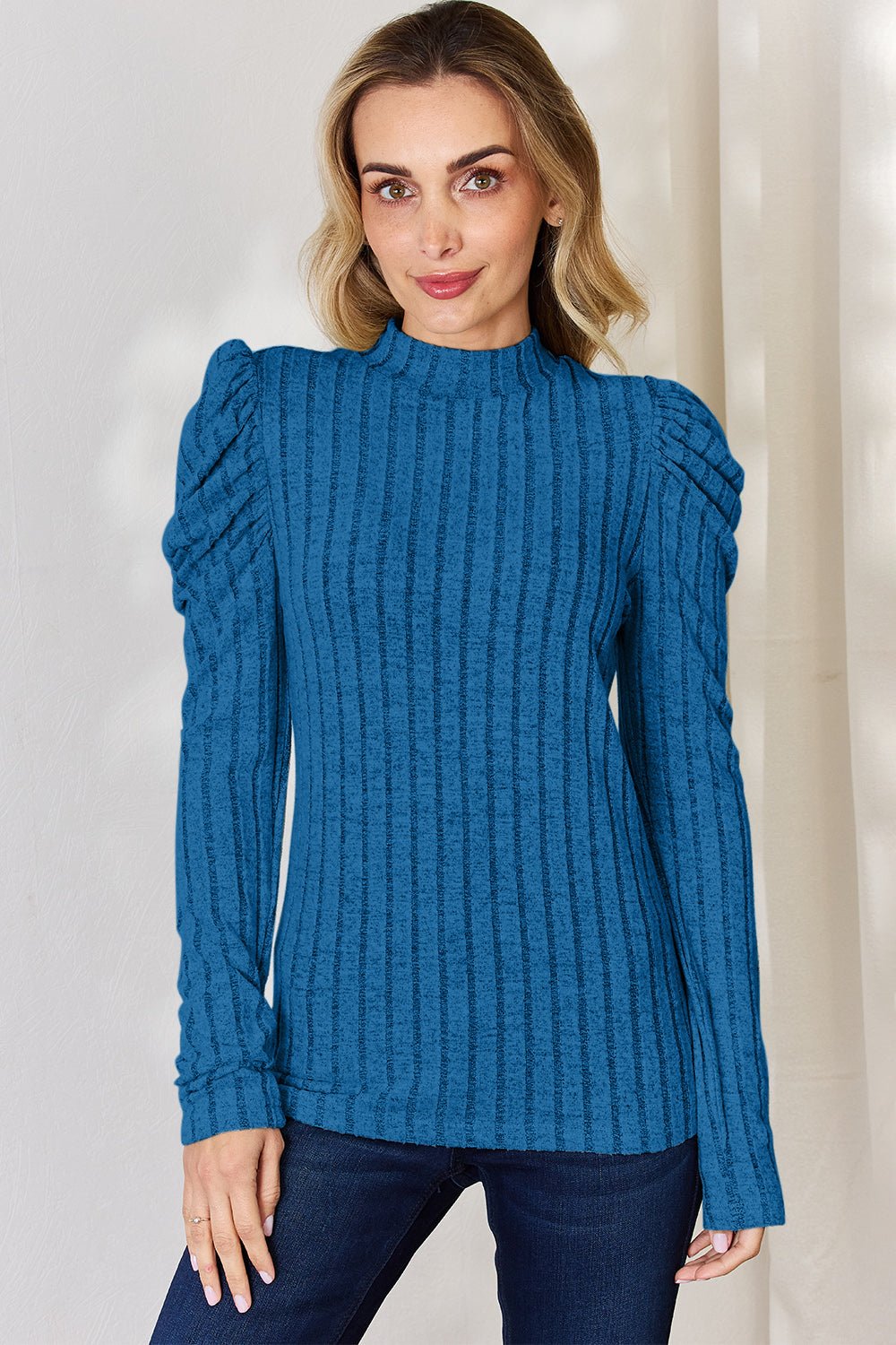 Basic Bae Full Size Ribbed Mock Neck Puff Sleeve T-Shirt - Bella Blue Styles