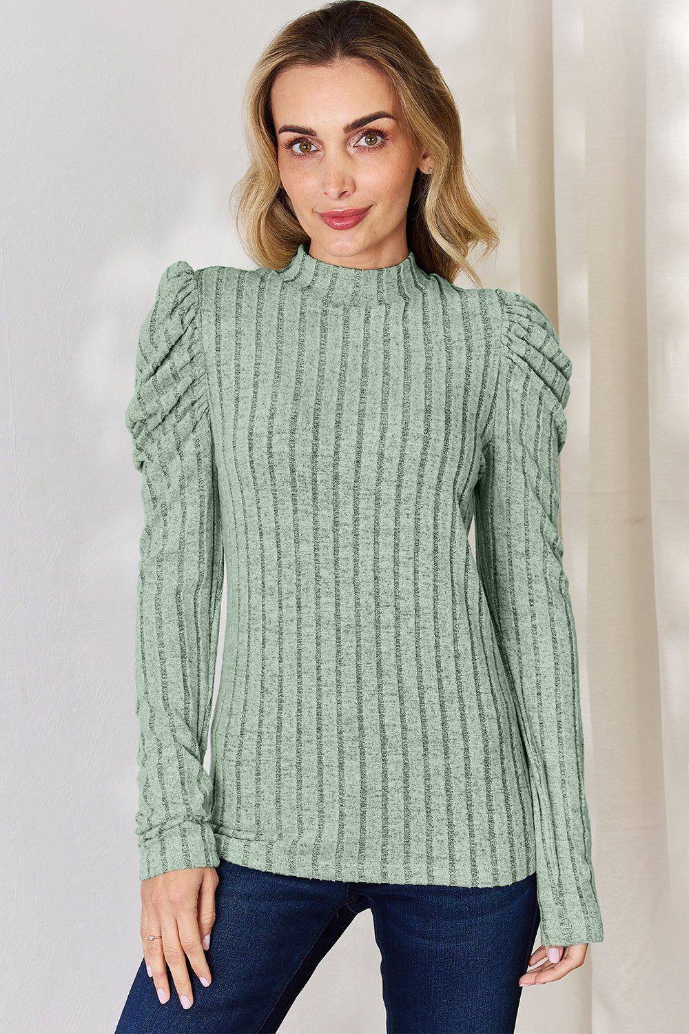 Basic Bae Full Size Ribbed Mock Neck Puff Sleeve T-Shirt - Bella Blue Styles