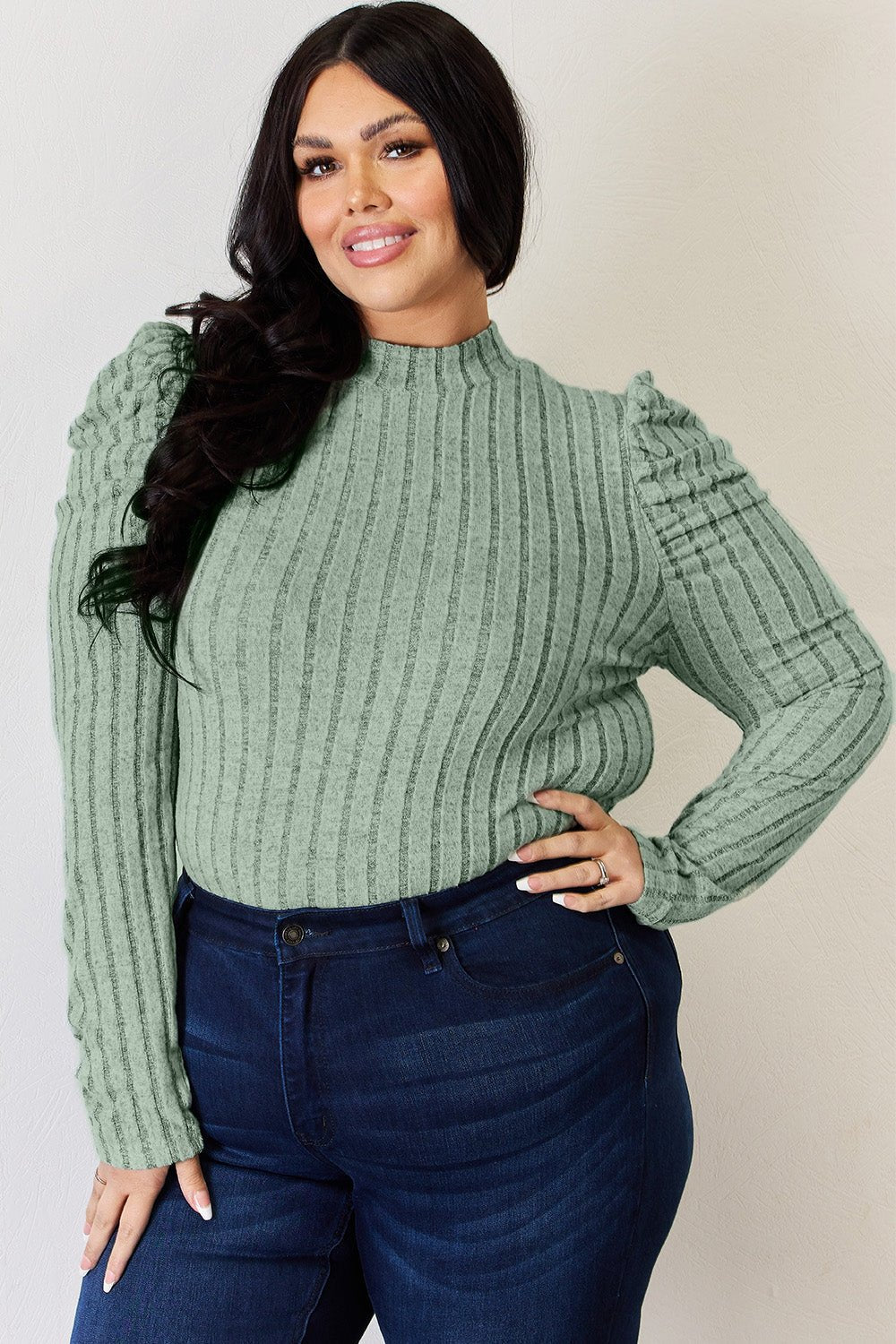 Basic Bae Full Size Ribbed Mock Neck Puff Sleeve T-Shirt - Bella Blue Styles