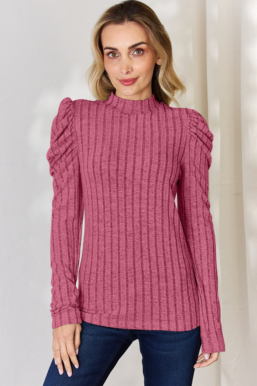 Basic Bae Full Size Ribbed Mock Neck Puff Sleeve T-Shirt - Bella Blue Styles