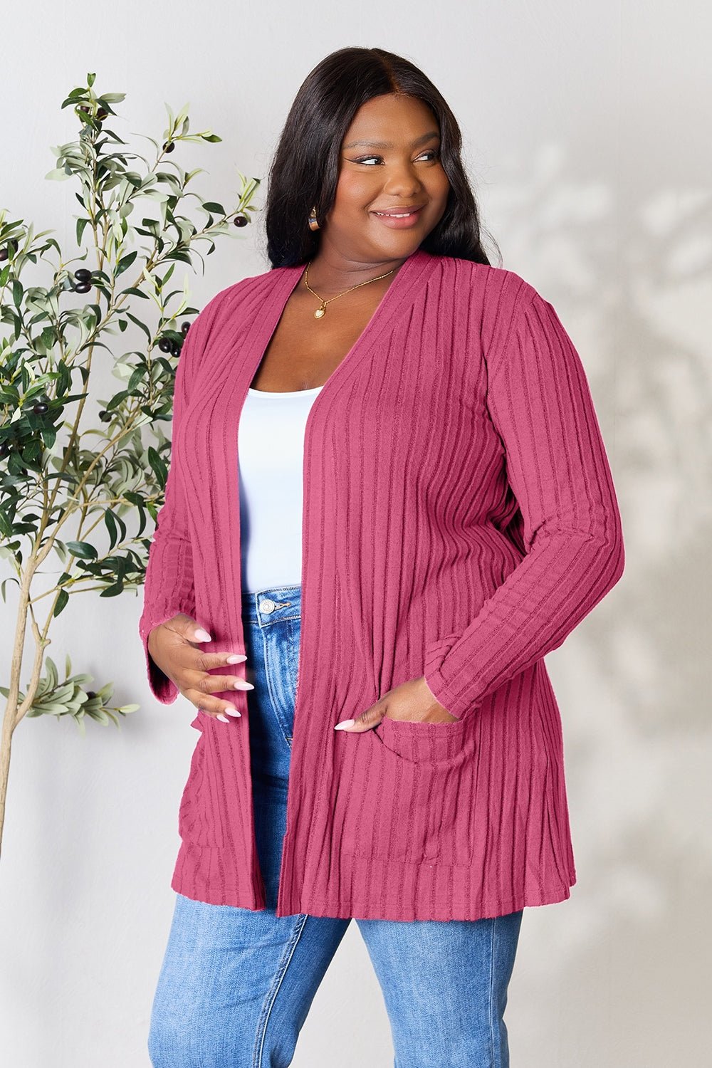 Basic Bae Full Size Ribbed Open Front Cardigan with Pockets - Bella Blue Styles