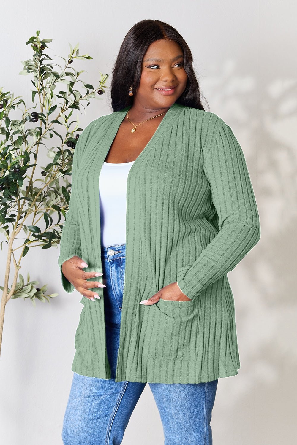 Basic Bae Full Size Ribbed Open Front Cardigan with Pockets - Bella Blue Styles