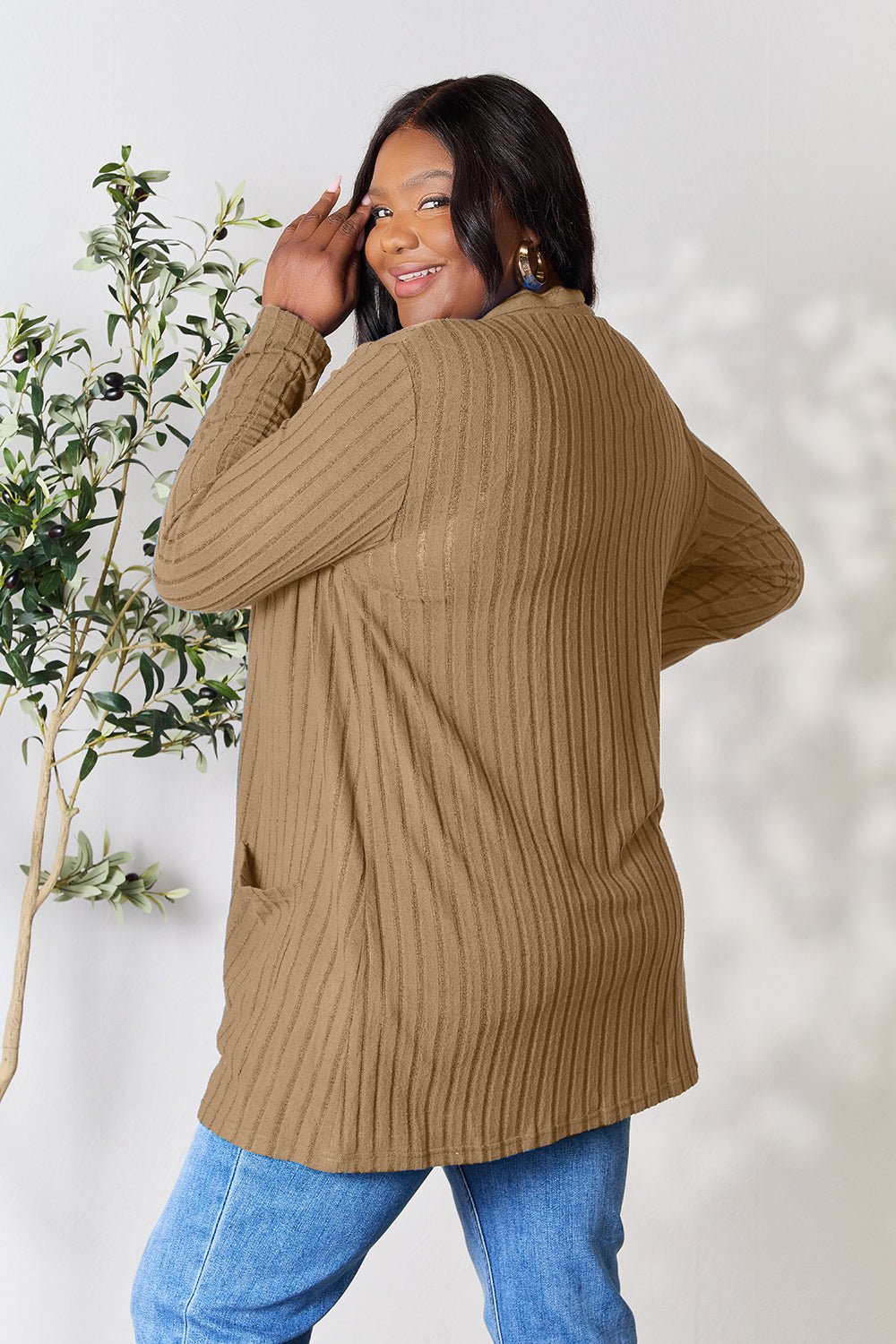 Basic Bae Full Size Ribbed Open Front Cardigan with Pockets - Bella Blue Styles