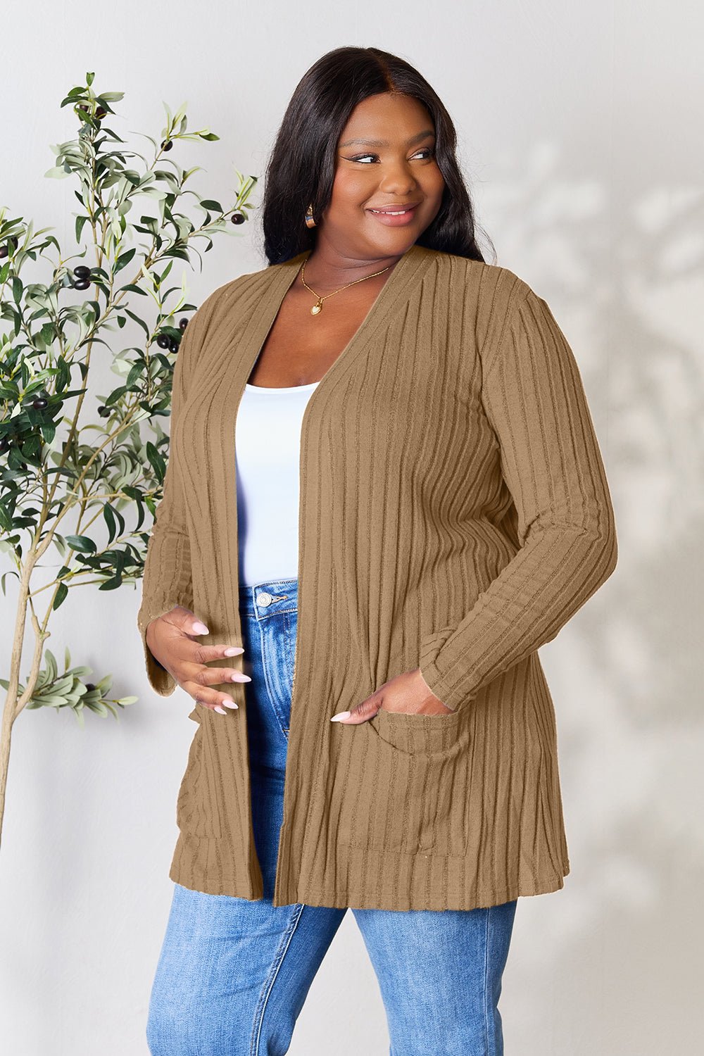 Basic Bae Full Size Ribbed Open Front Cardigan with Pockets - Bella Blue Styles