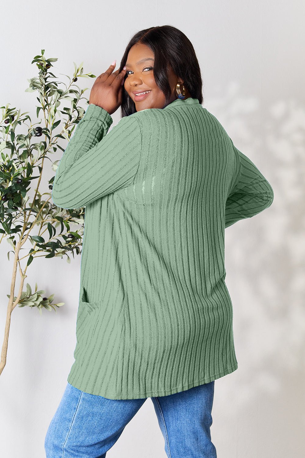 Basic Bae Full Size Ribbed Open Front Cardigan with Pockets - Bella Blue Styles